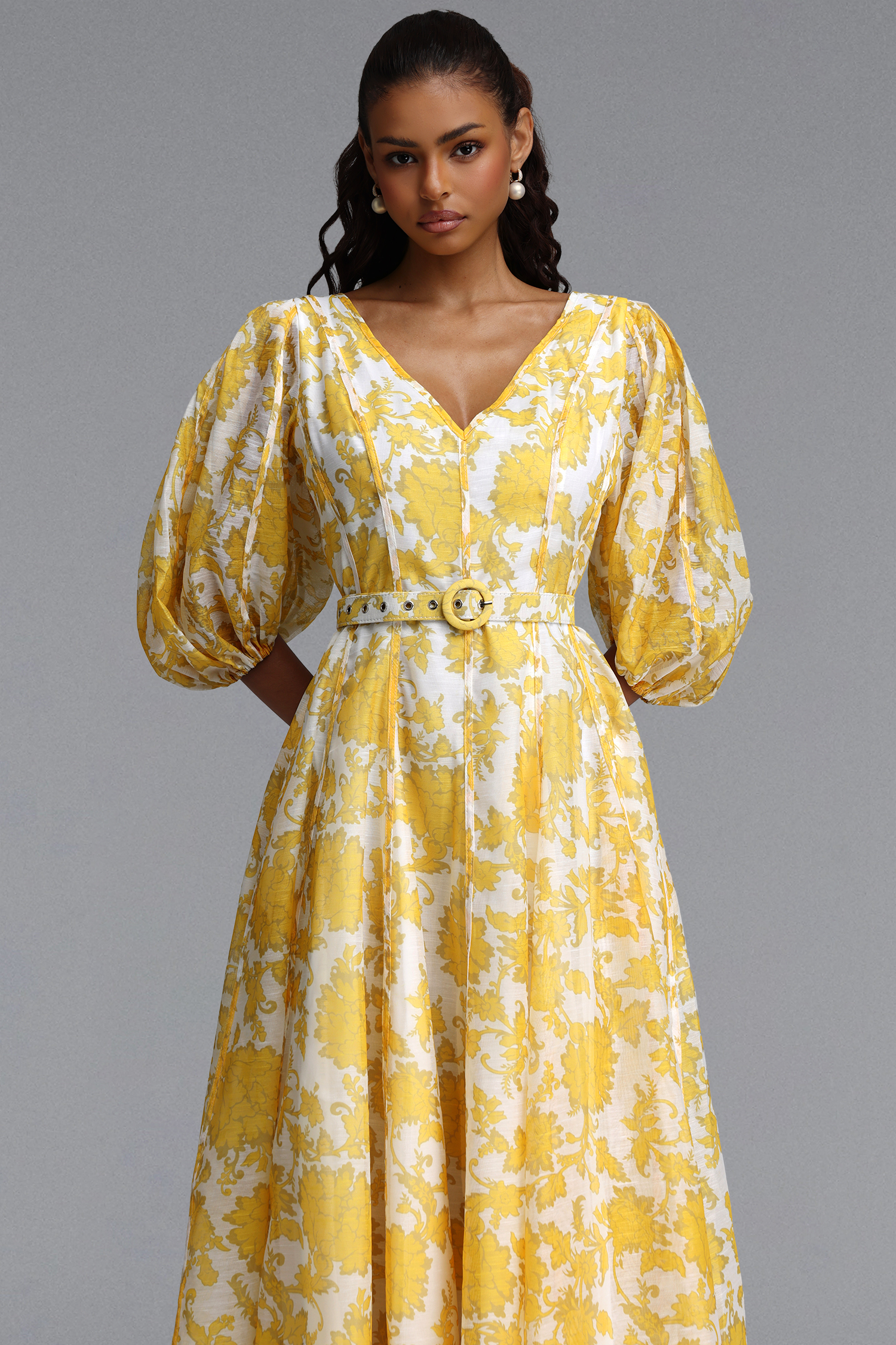 Kendall Resort Flowy V Neck Puff Sleeve Floral Print Woven Maxi Dress
