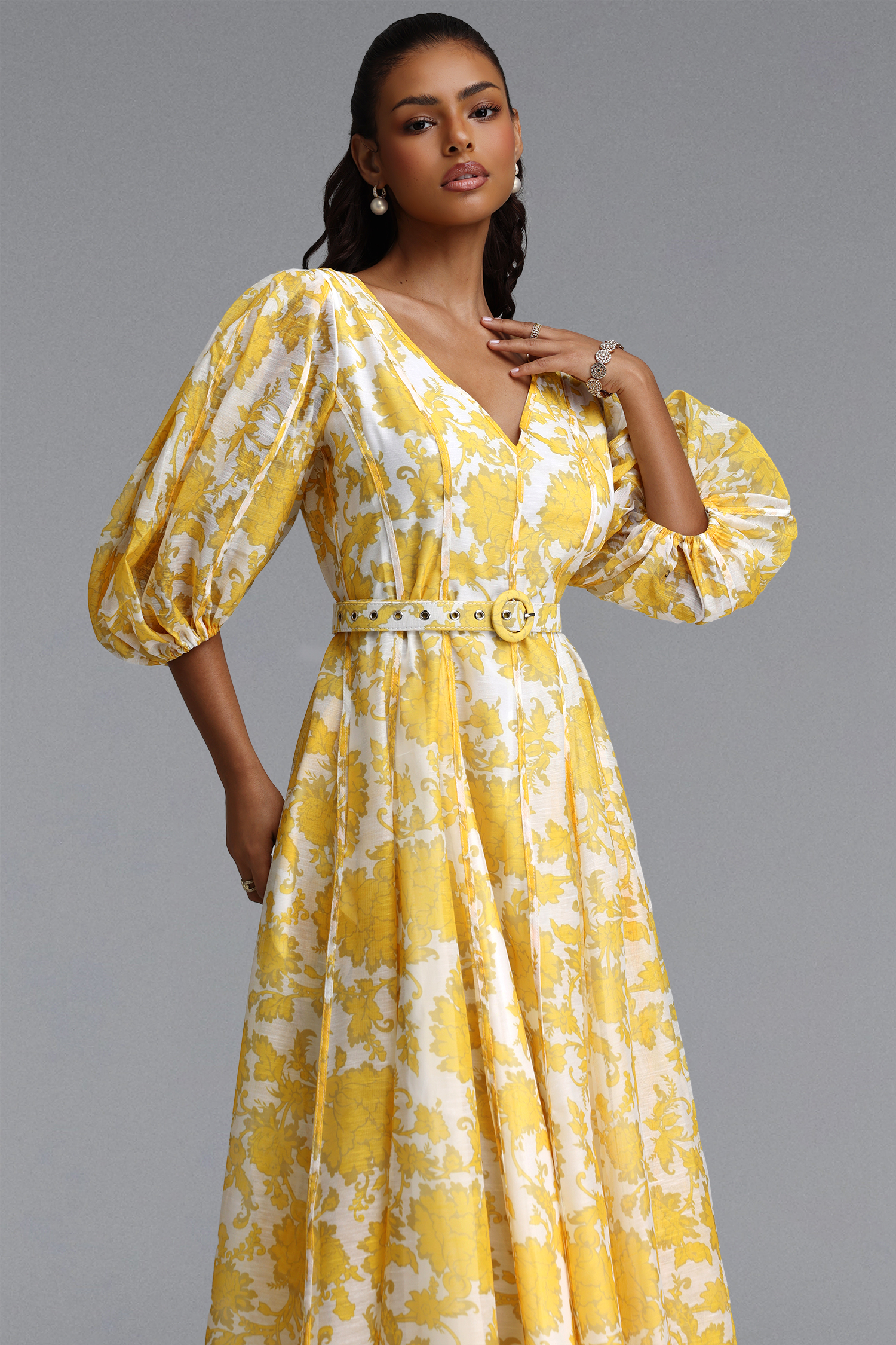 Kendall Resort Flowy V Neck Puff Sleeve Floral Print Woven Maxi Dress