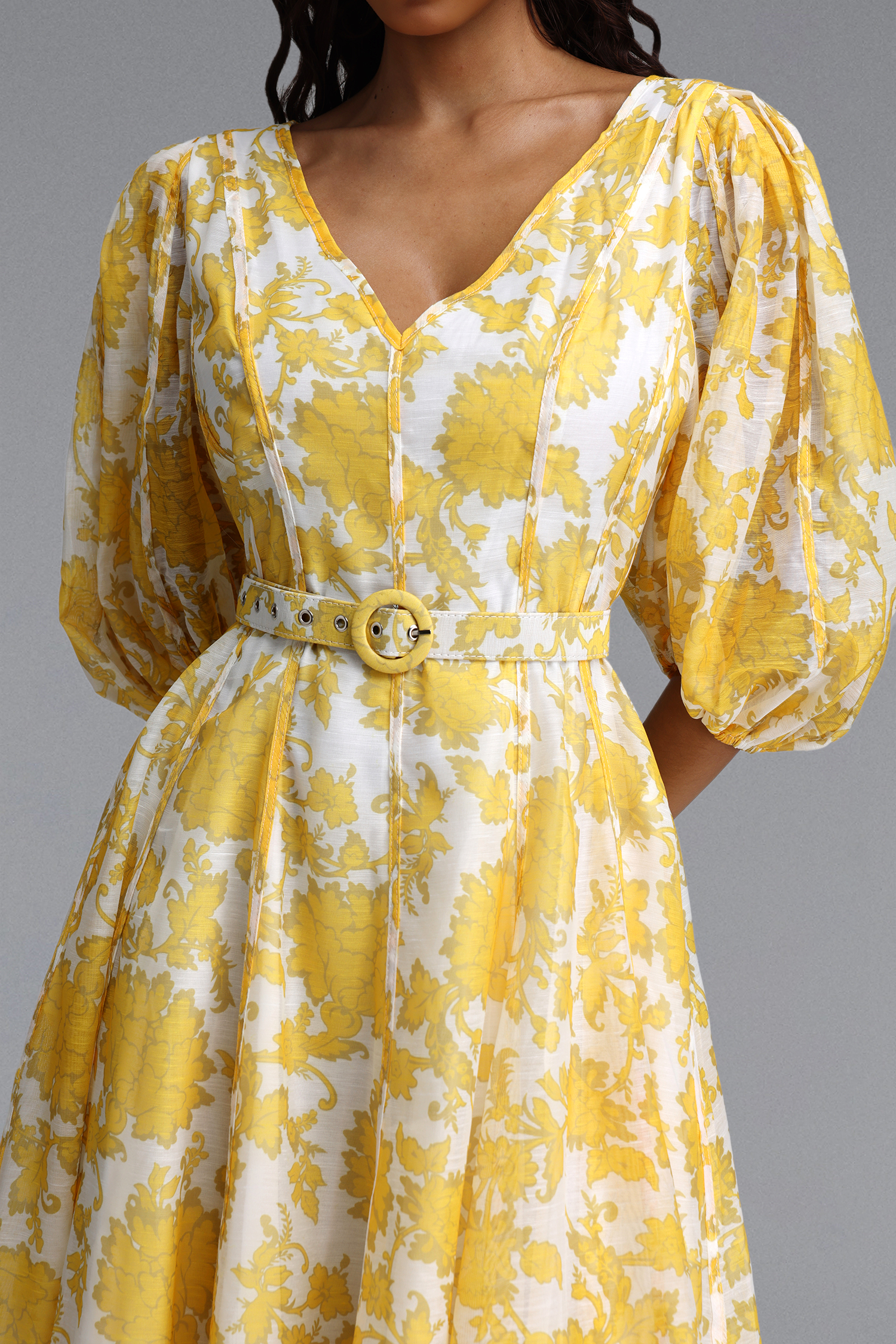 Kendall Resort Flowy V Neck Puff Sleeve Floral Print Woven Maxi Dress