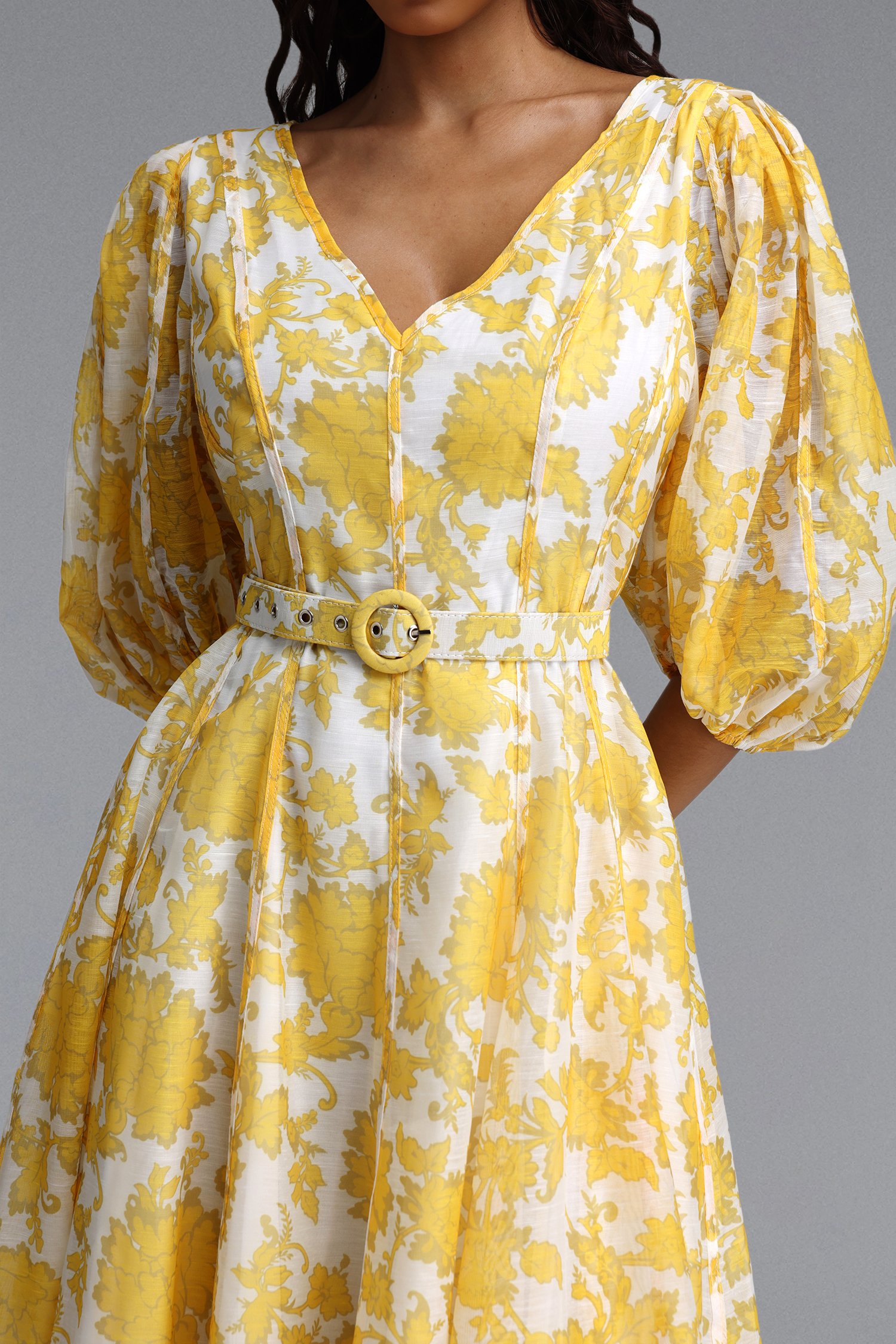 Kendall Resort Flowy V Neck Puff Sleeve Floral Print Woven Maxi Dress