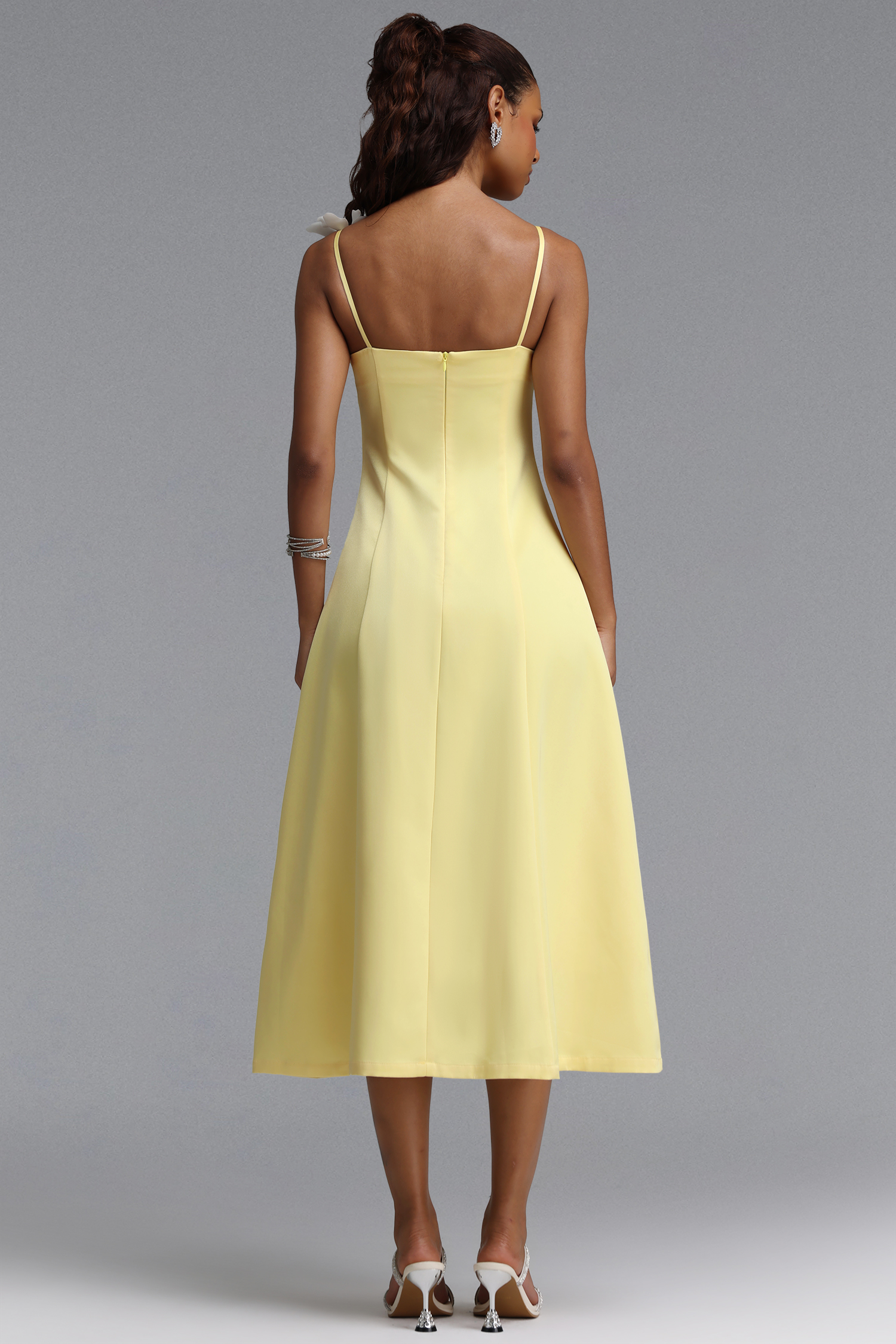 Liviya Elegant Tailored Spaghetti Strap Floral Woven Midi Dress