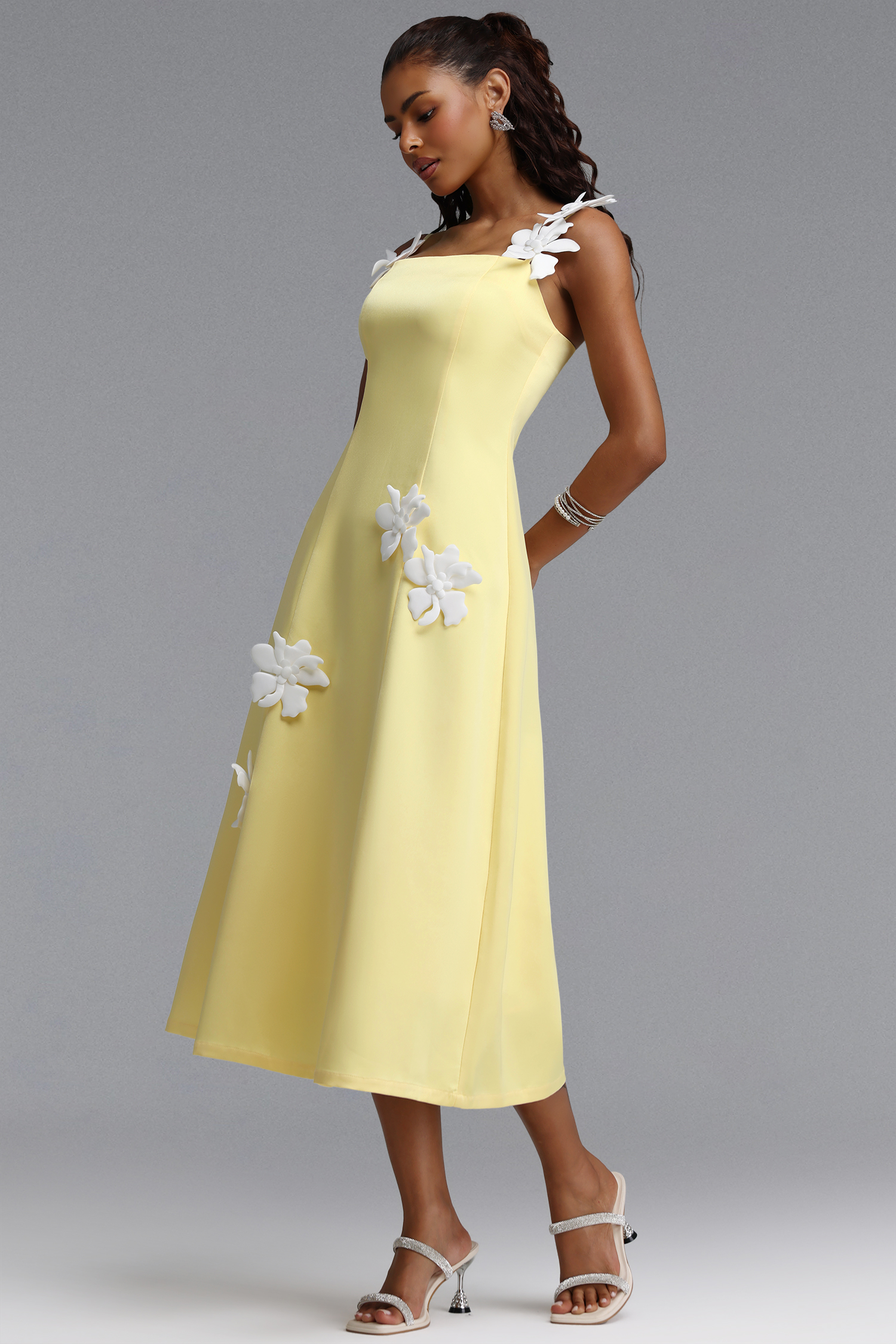 Liviya Elegant Tailored Spaghetti Strap Floral Woven Midi Dress