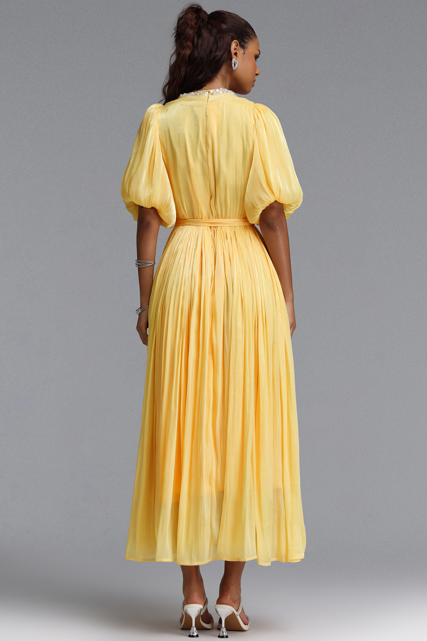 Octavia Romantic Flowy Puff Sleeve Sequin Floral Shimmer Satin Maxi Dress