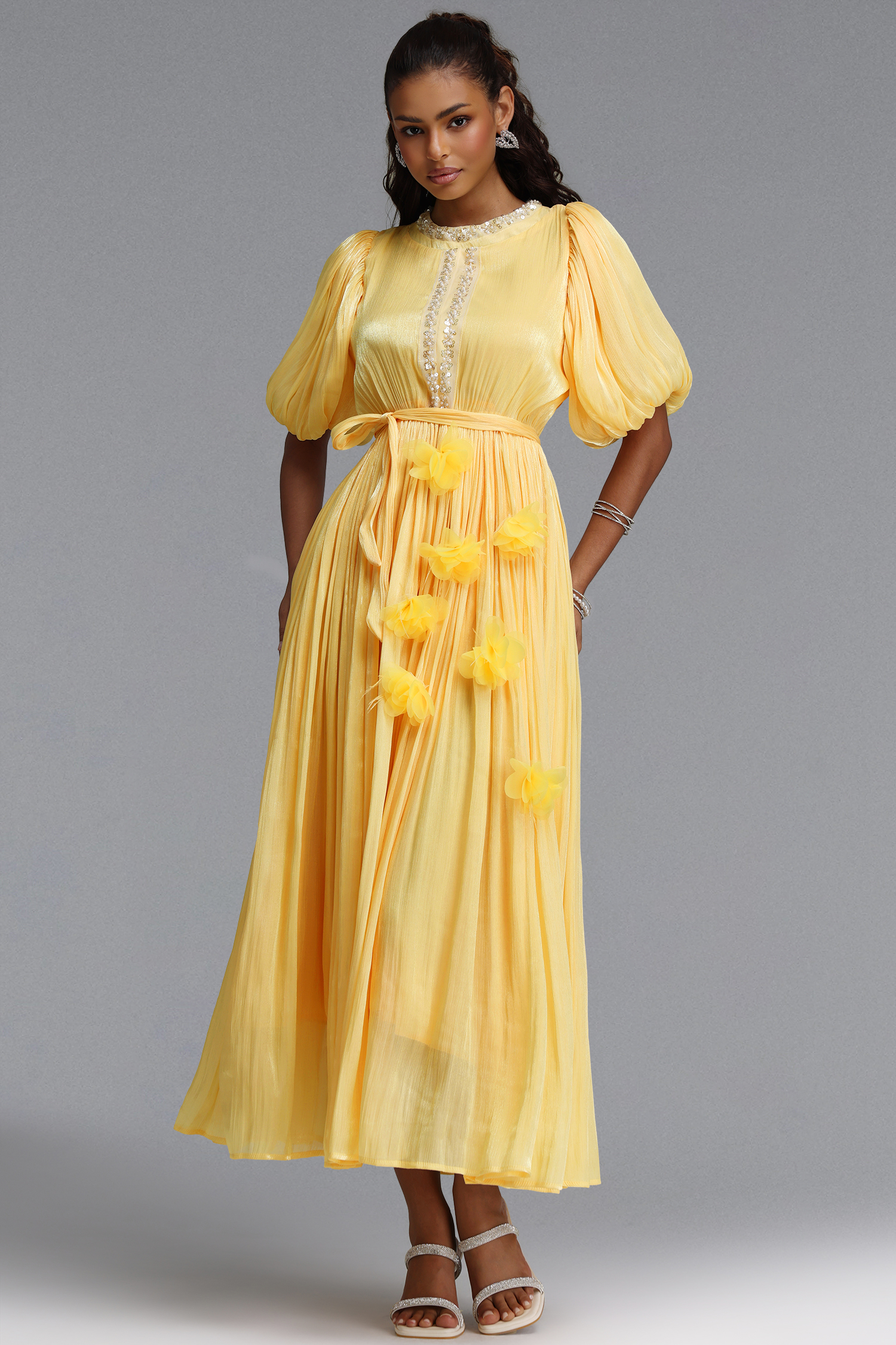 Octavia Romantic Flowy Puff Sleeve Sequin Floral Shimmer Satin Maxi Dress