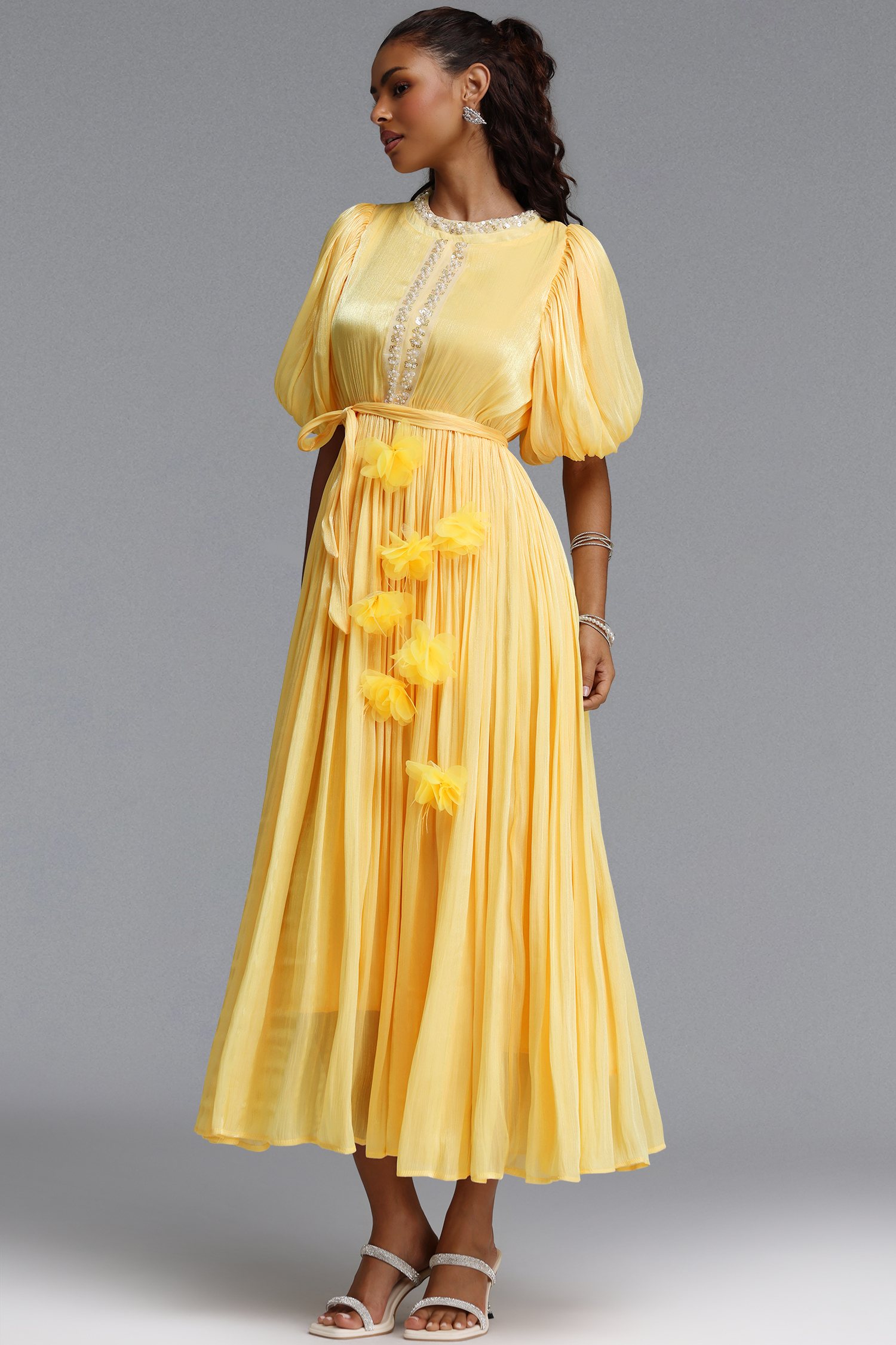 Octavia Romantic Flowy Puff Sleeve Sequin Floral Shimmer Satin Maxi Dress