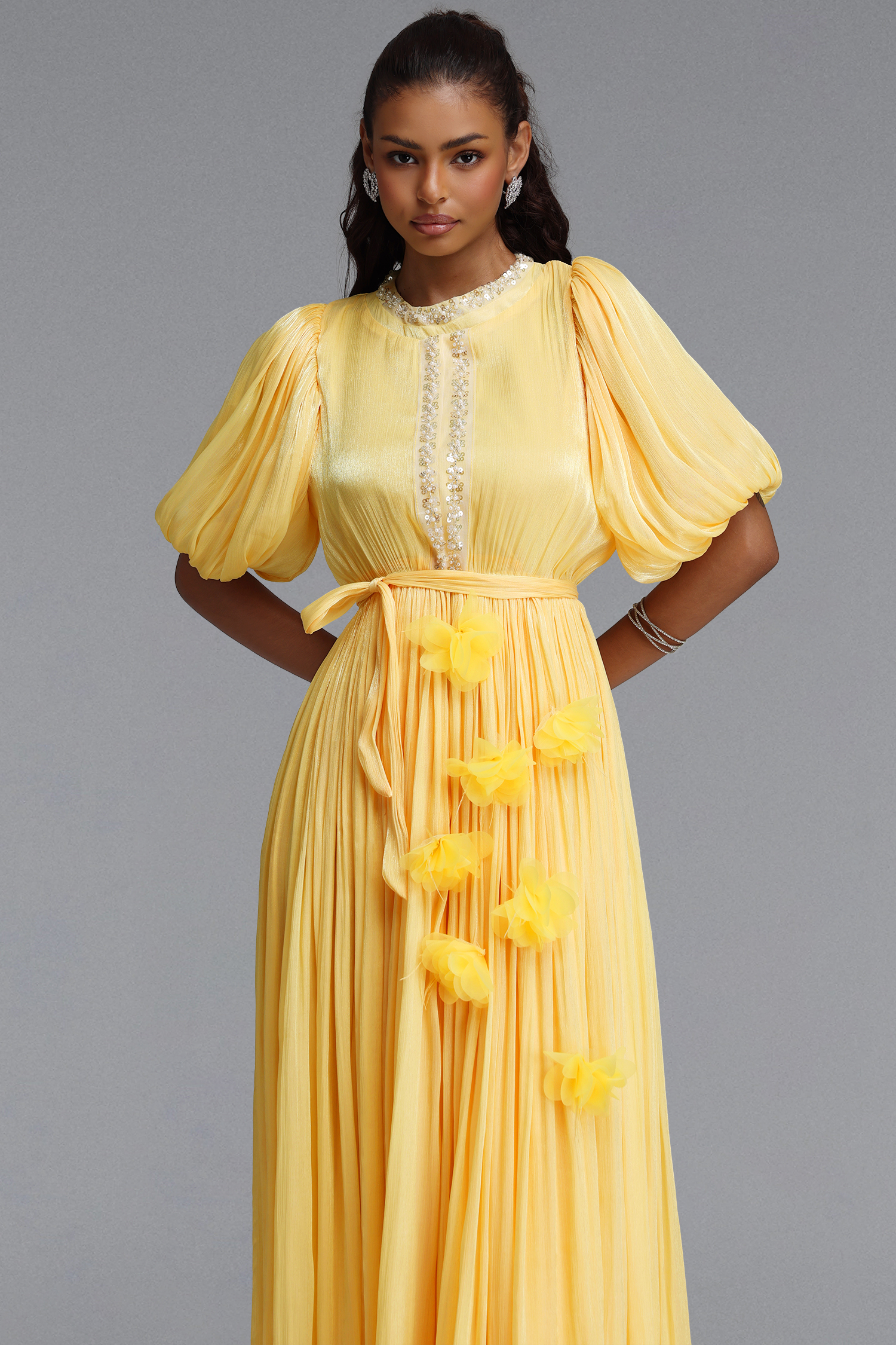 Octavia Romantic Flowy Puff Sleeve Sequin Floral Shimmer Satin Maxi Dress
