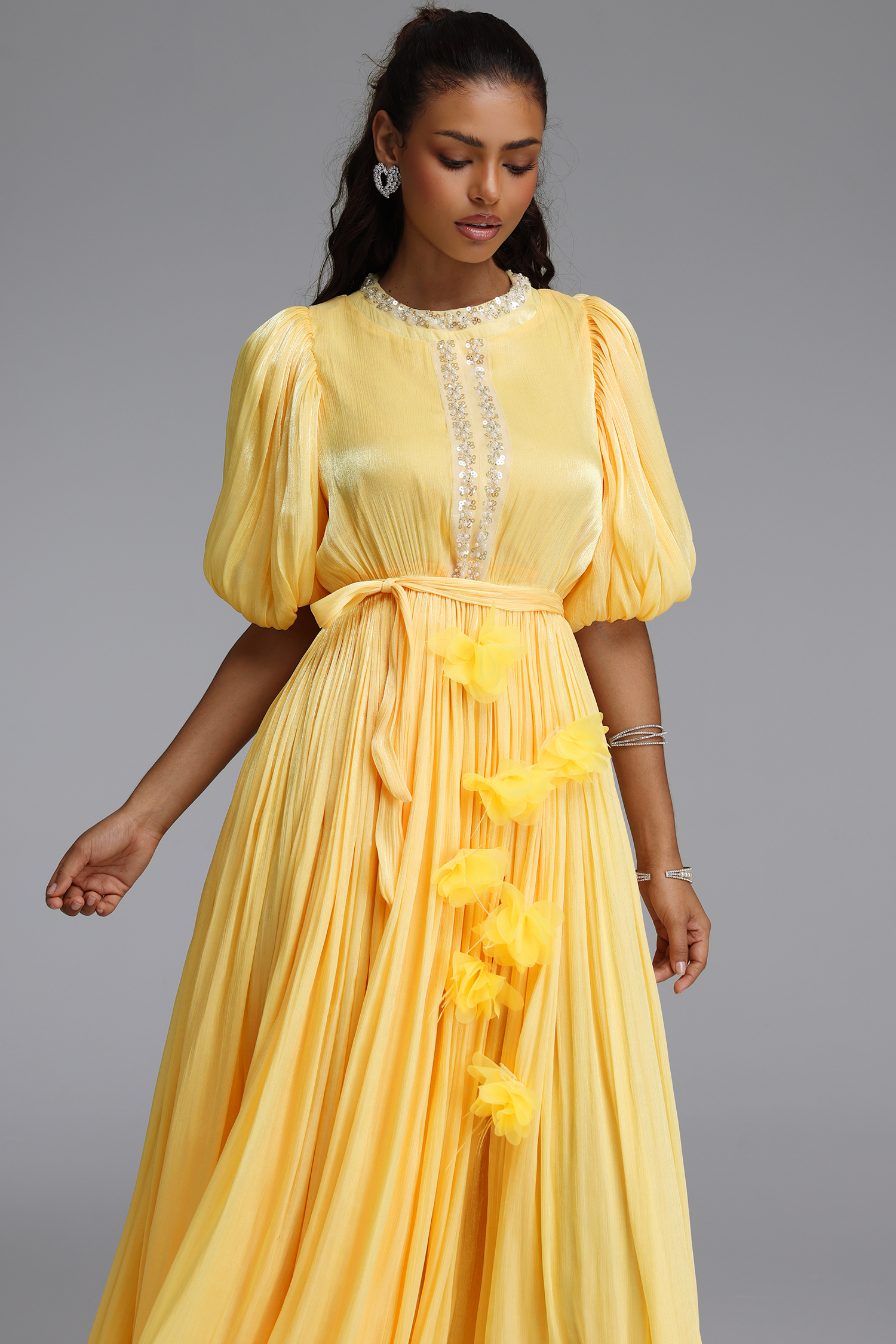 Octavia Romantic Flowy Puff Sleeve Sequin Floral Shimmer Satin Maxi Dress