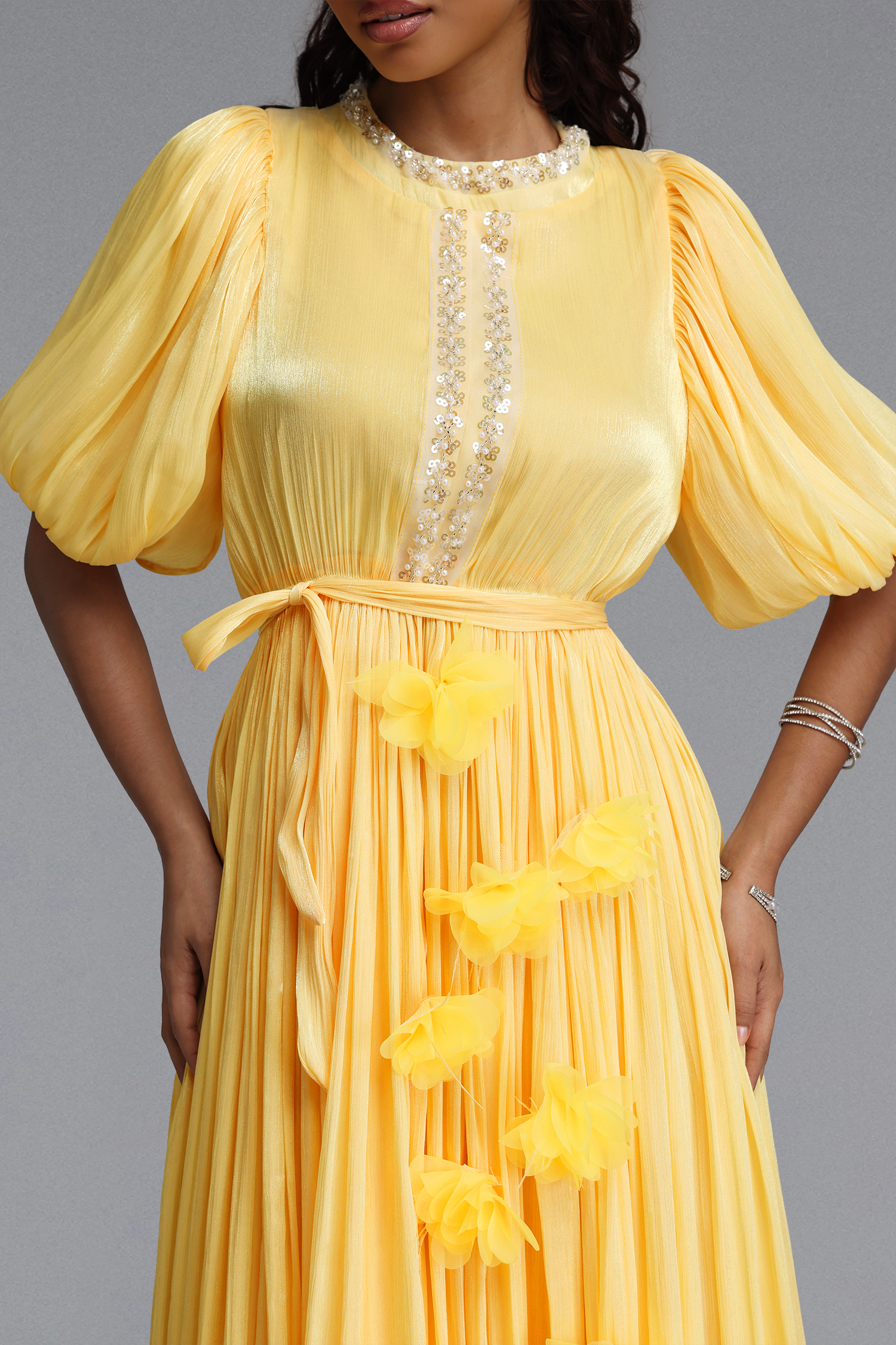 Octavia Romantic Flowy Puff Sleeve Sequin Floral Shimmer Satin Maxi Dress
