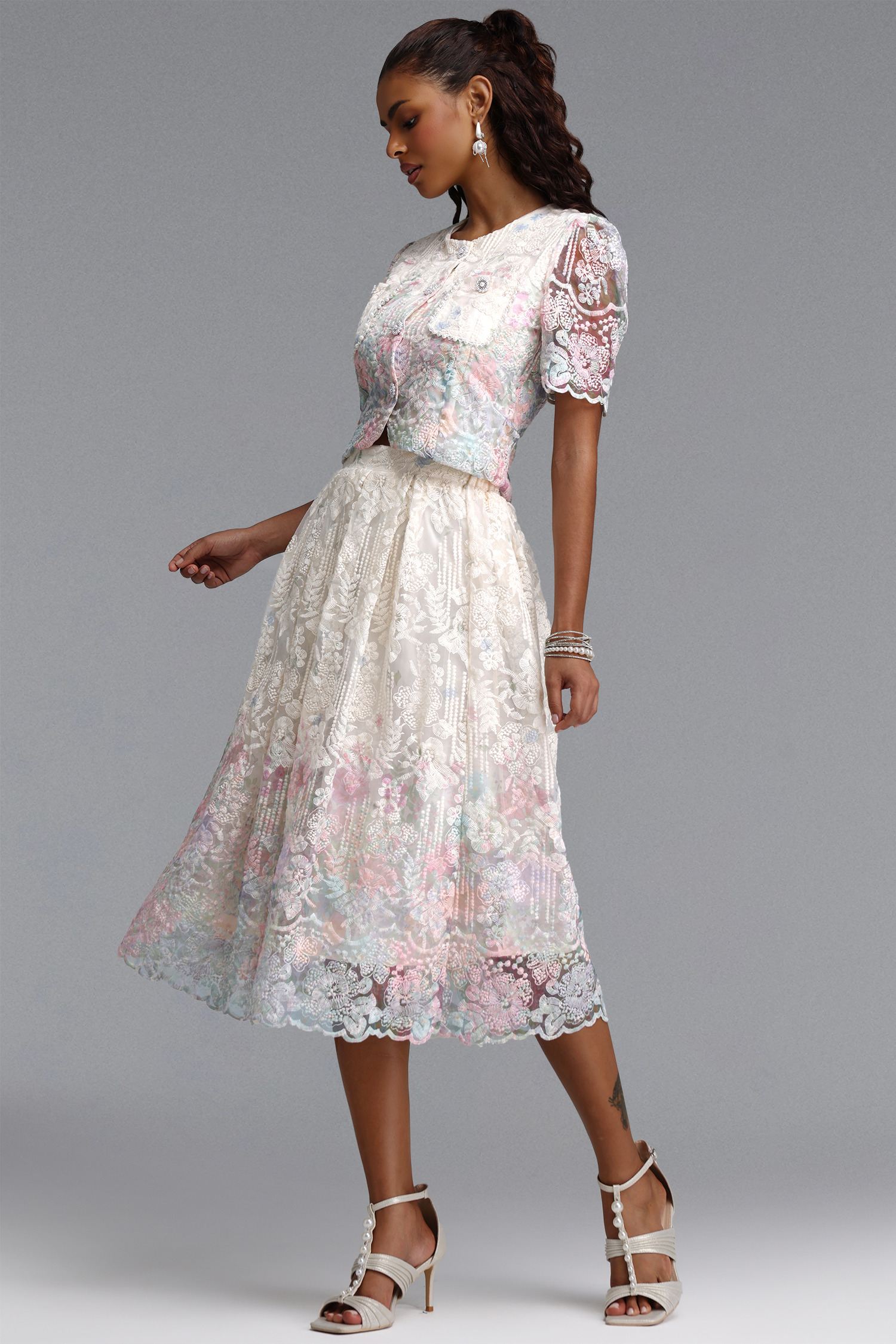 Rosmarie Romantic Flowy Short Sleeve Floral Print Woven Top and Skirt Two Piece Set