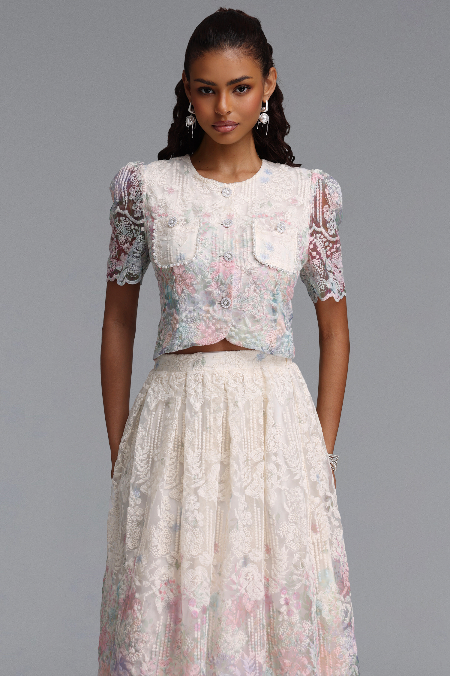 Rosmarie Romantic Flowy Short Sleeve Floral Print Woven Top and Skirt Two Piece Set