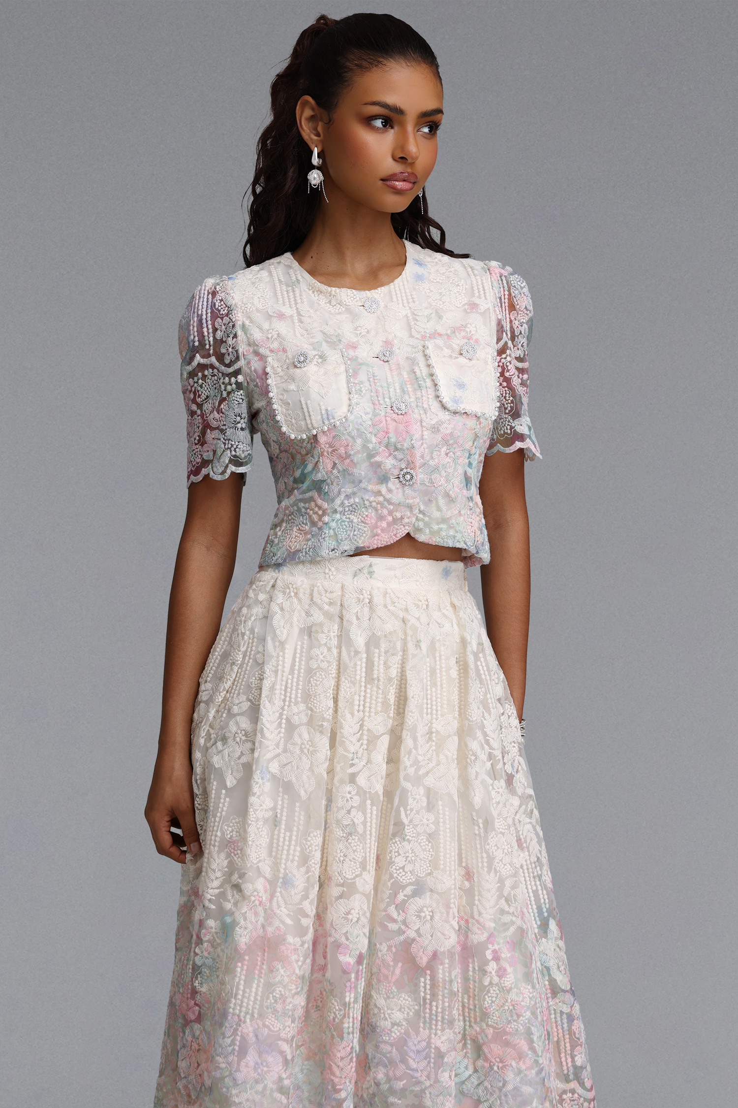 Rosmarie Romantic Flowy Short Sleeve Floral Print Woven Top and Skirt Two Piece Set