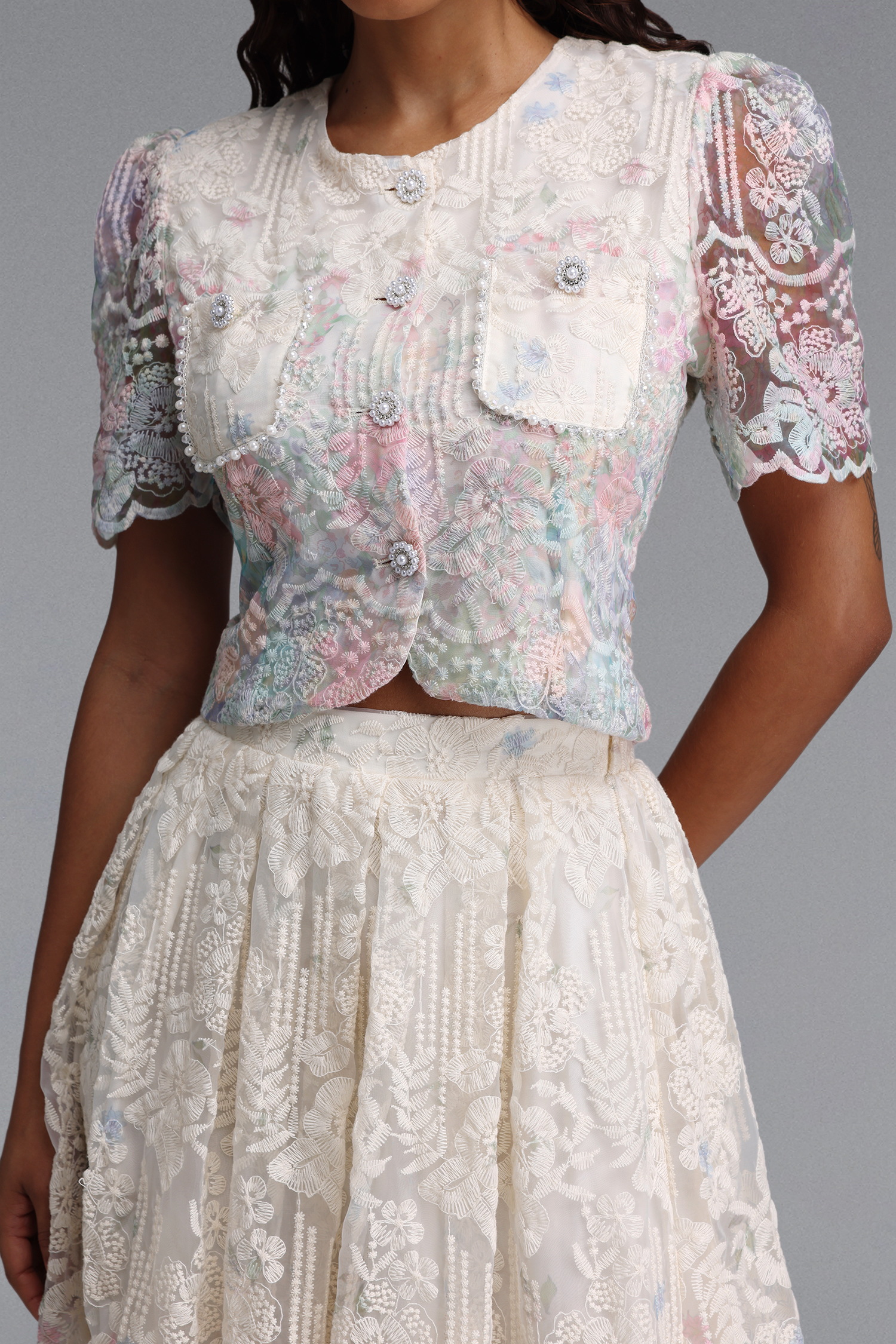 Rosmarie Romantic Flowy Short Sleeve Floral Print Woven Top and Skirt Two Piece Set