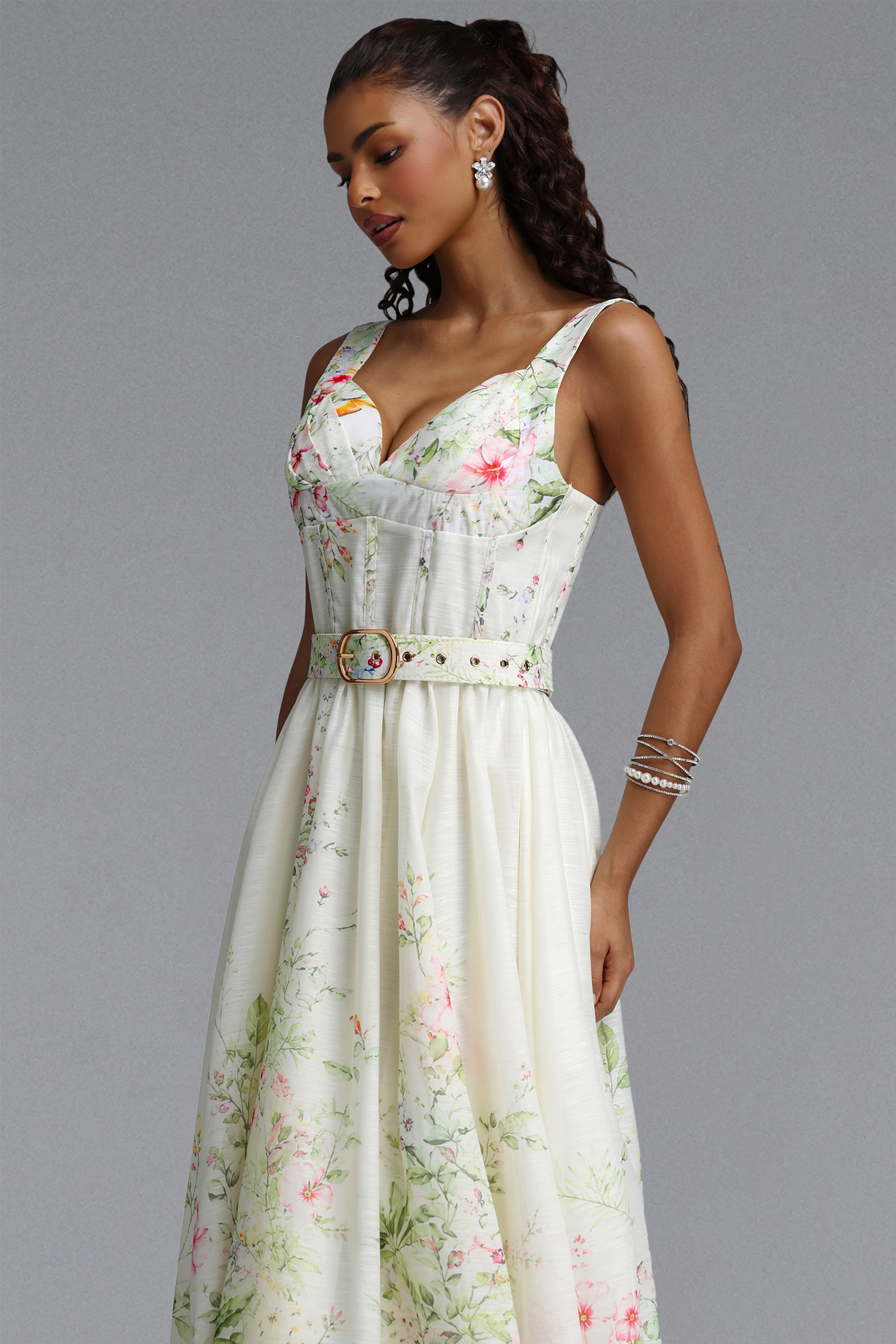 Veronic Romantic Tailored Sleeveless Floral Print Woven Maxi Dress
