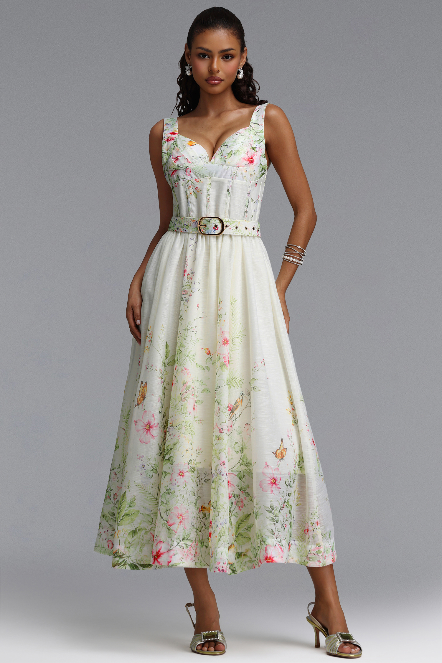 Veronic Romantic Tailored Sleeveless Floral Print Woven Maxi Dress