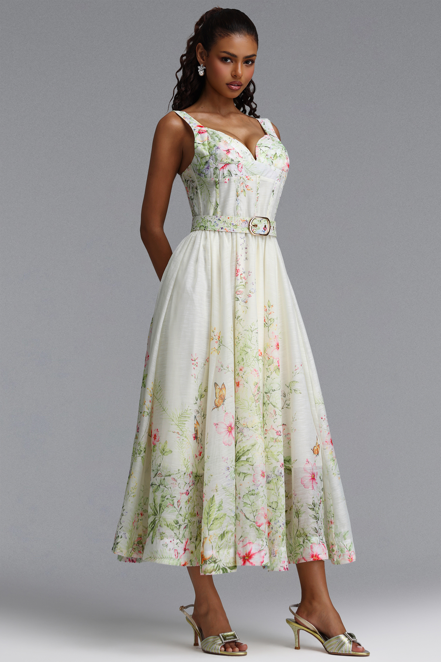 Veronic Romantic Tailored Sleeveless Floral Print Woven Maxi Dress