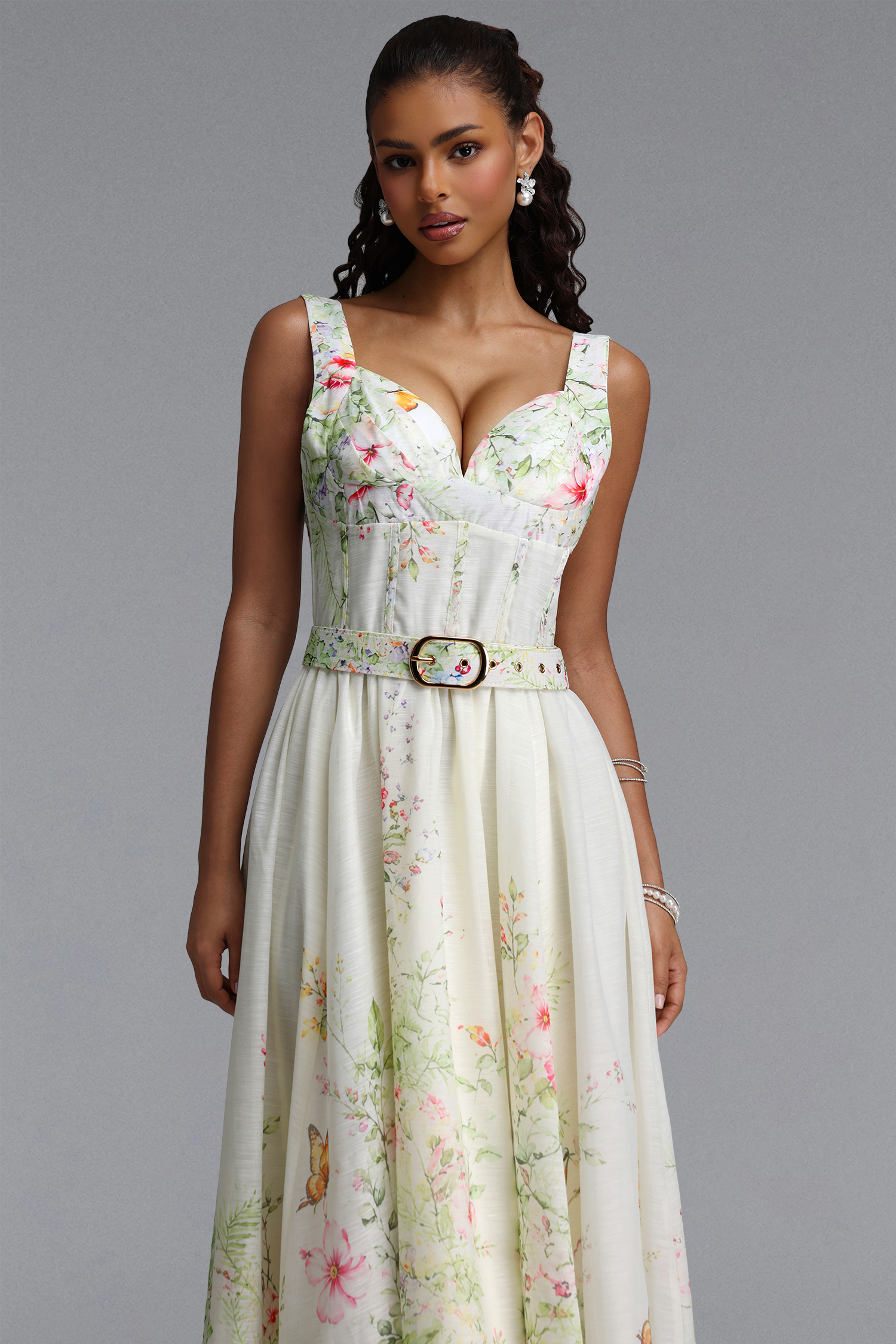 Veronic Romantic Tailored Sleeveless Floral Print Woven Maxi Dress