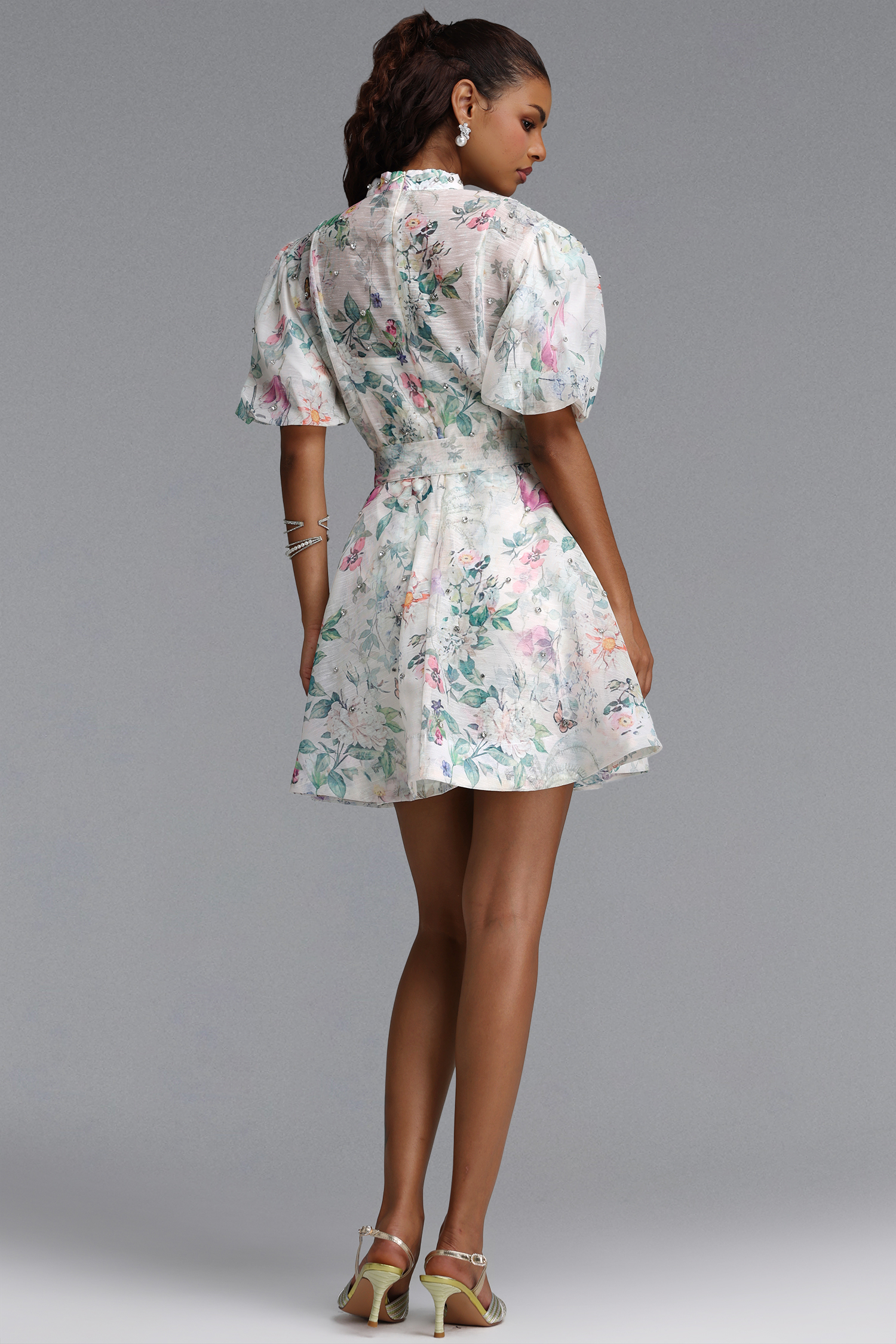 Elio Resort Flowy Puff Sleeve Rhinestone Floral Print Woven Mini Dress