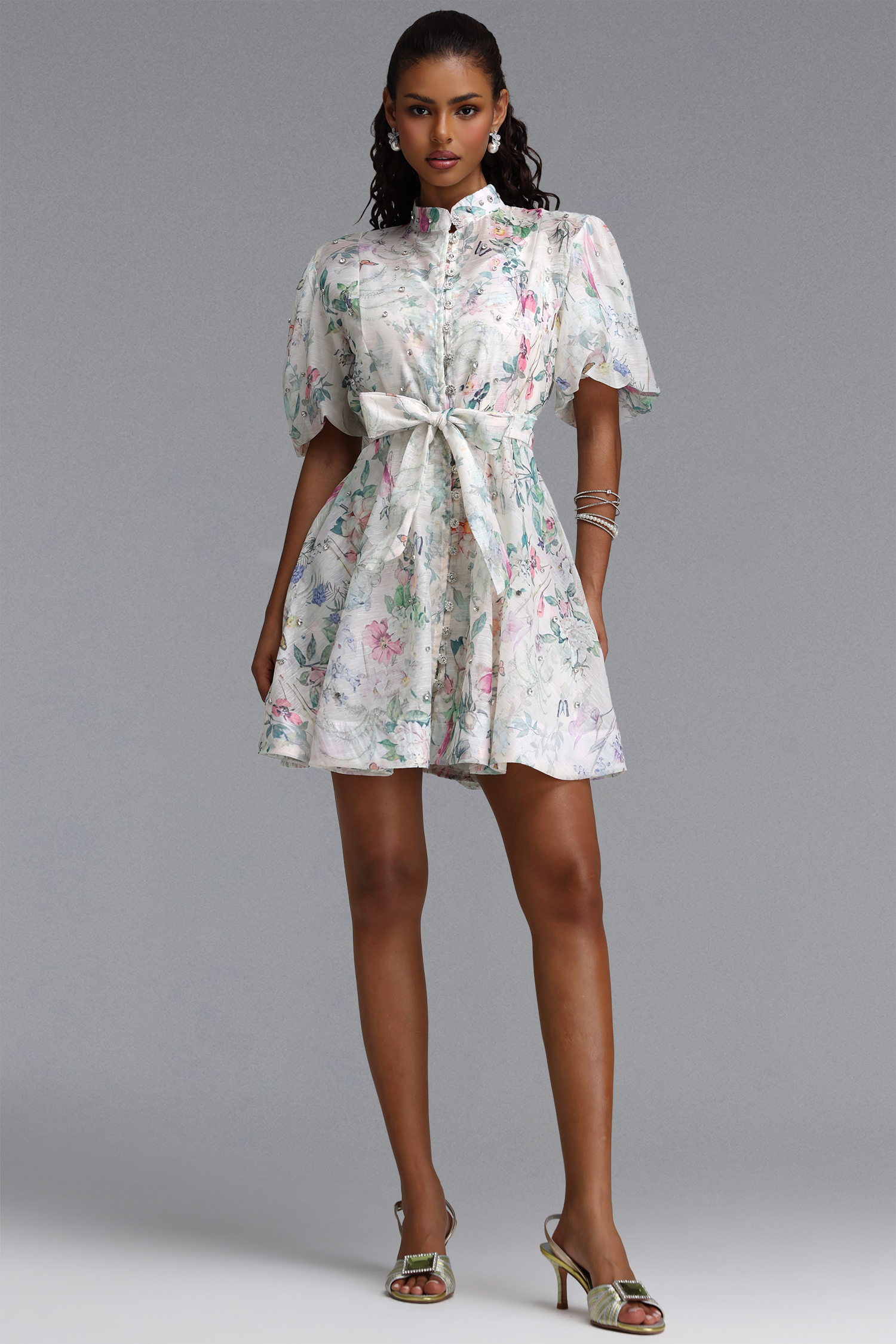 Elio Resort Flowy Puff Sleeve Rhinestone Floral Print Woven Mini Dress