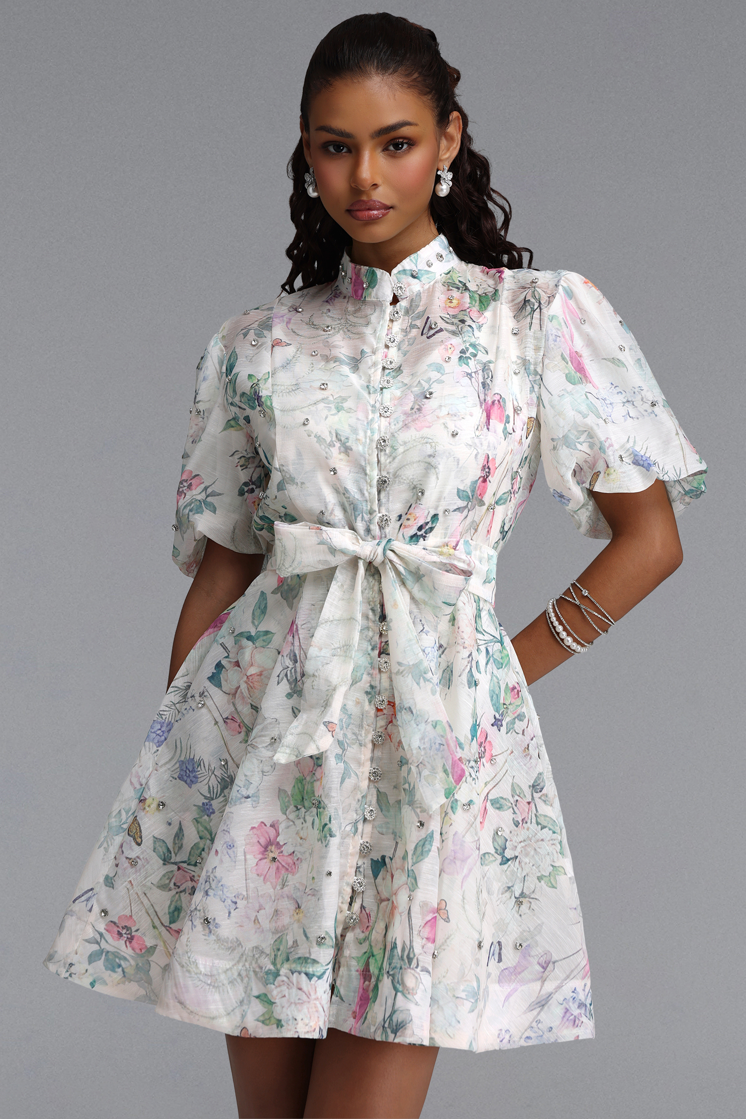 Elio Resort Flowy Puff Sleeve Rhinestone Floral Print Woven Mini Dress