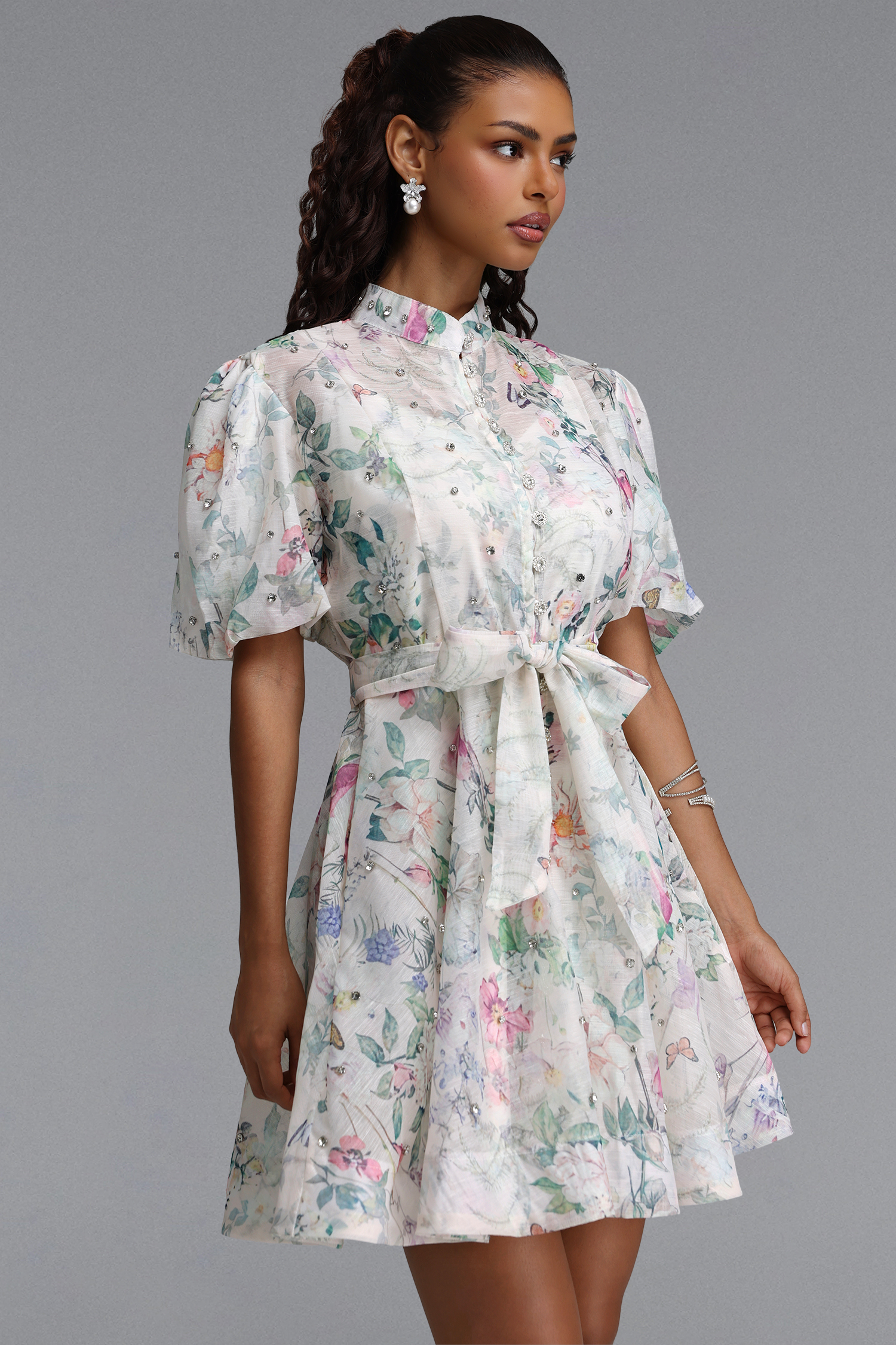 Elio Resort Flowy Puff Sleeve Rhinestone Floral Print Woven Mini Dress