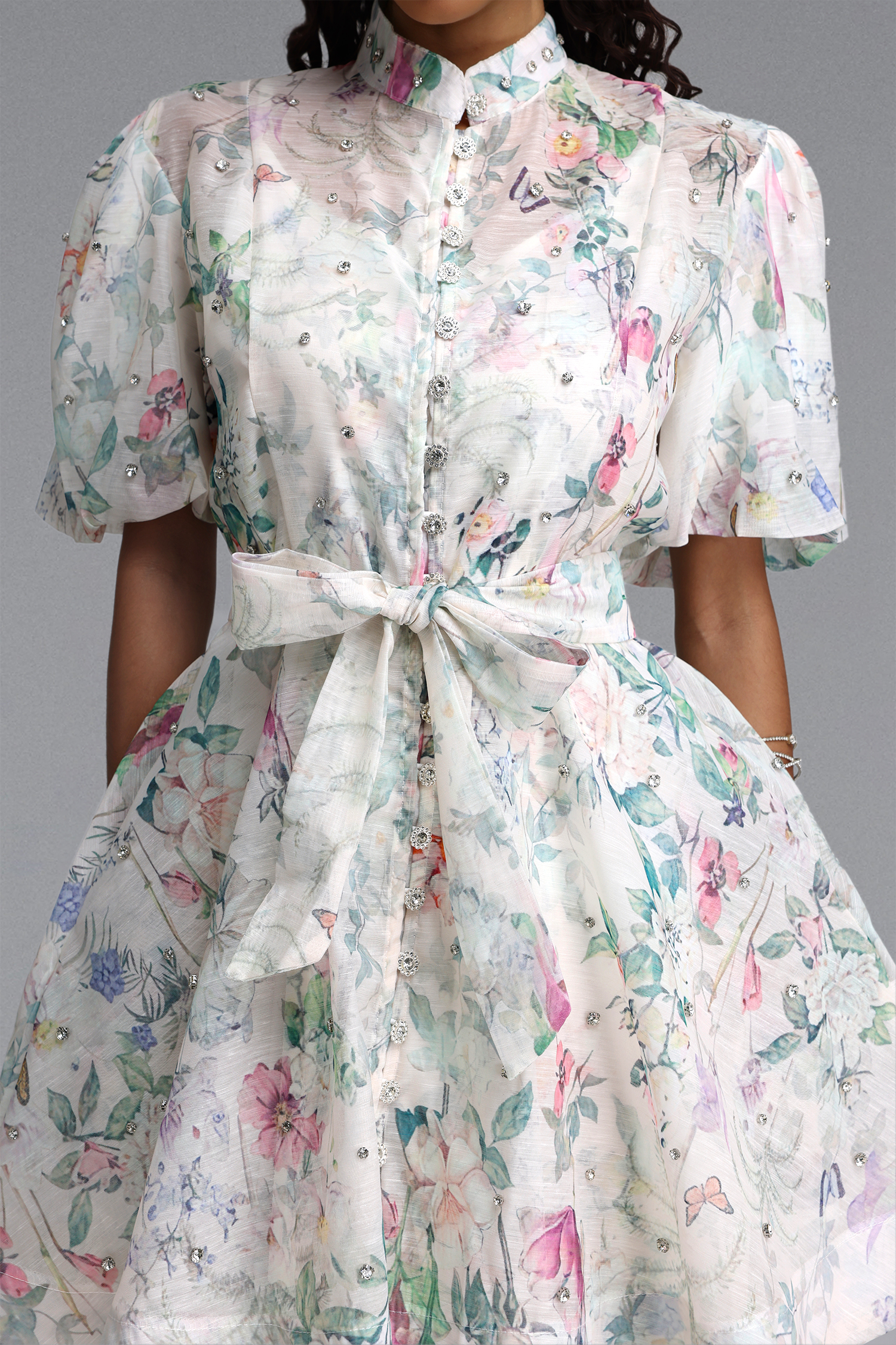 Elio Resort Flowy Puff Sleeve Rhinestone Floral Print Woven Mini Dress