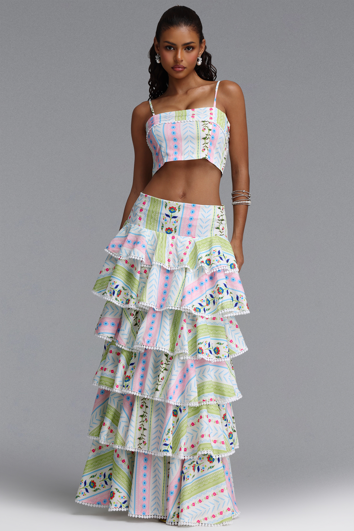 Tanria Resort Tailored Spaghetti Strap Print Woven Top and Skirt Two Piece Set