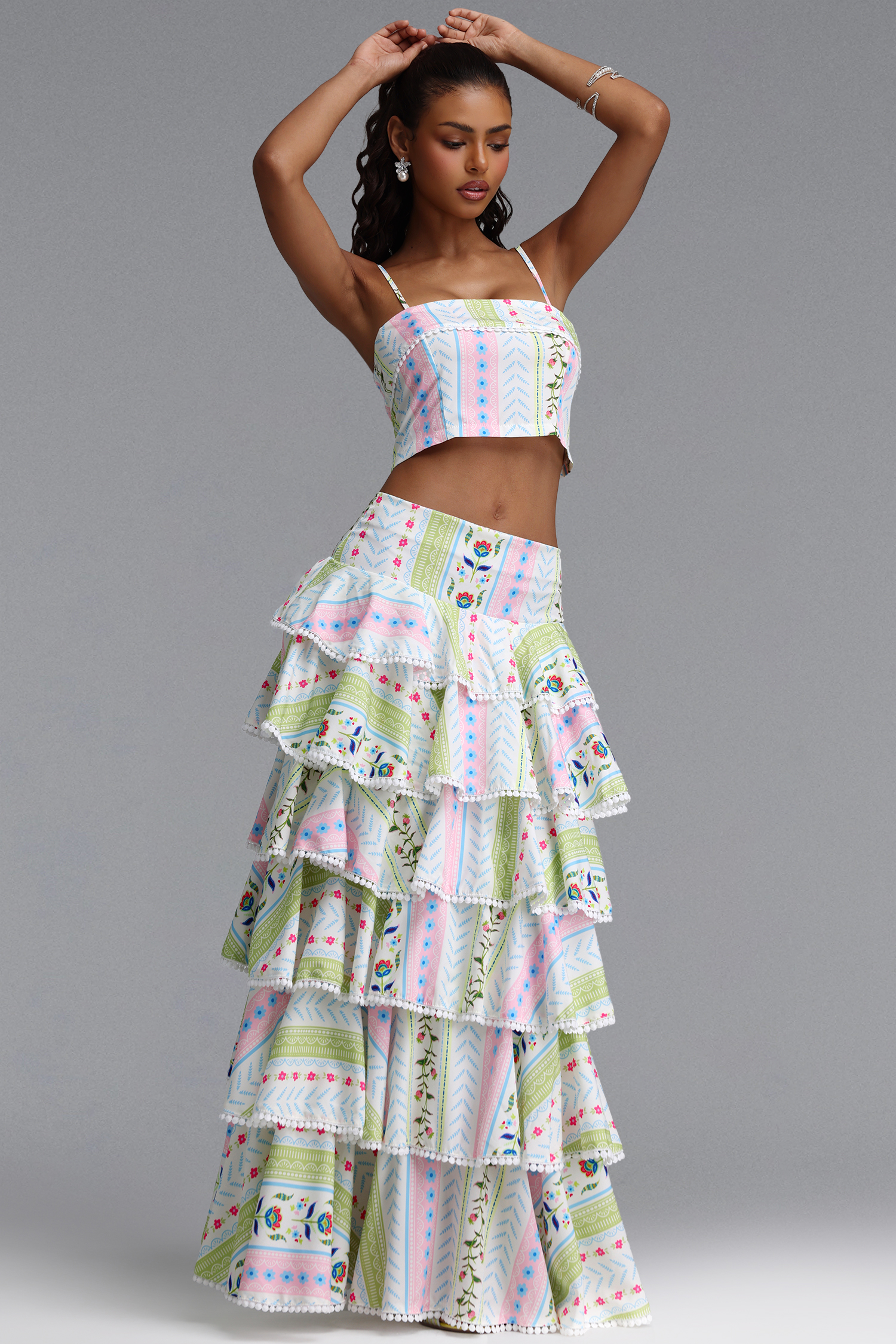 Tanria Resort Tailored Spaghetti Strap Print Woven Top and Skirt Two Piece Set