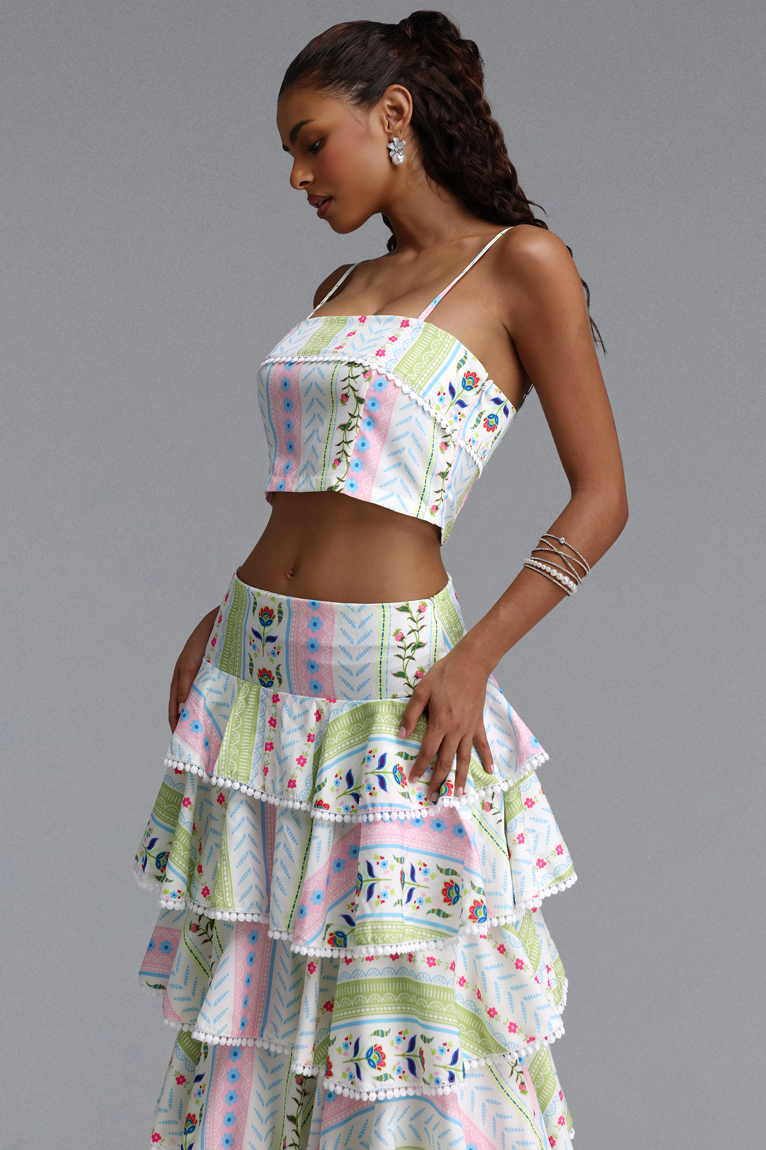 Tanria Resort Tailored Spaghetti Strap Print Woven Top and Skirt Two Piece Set