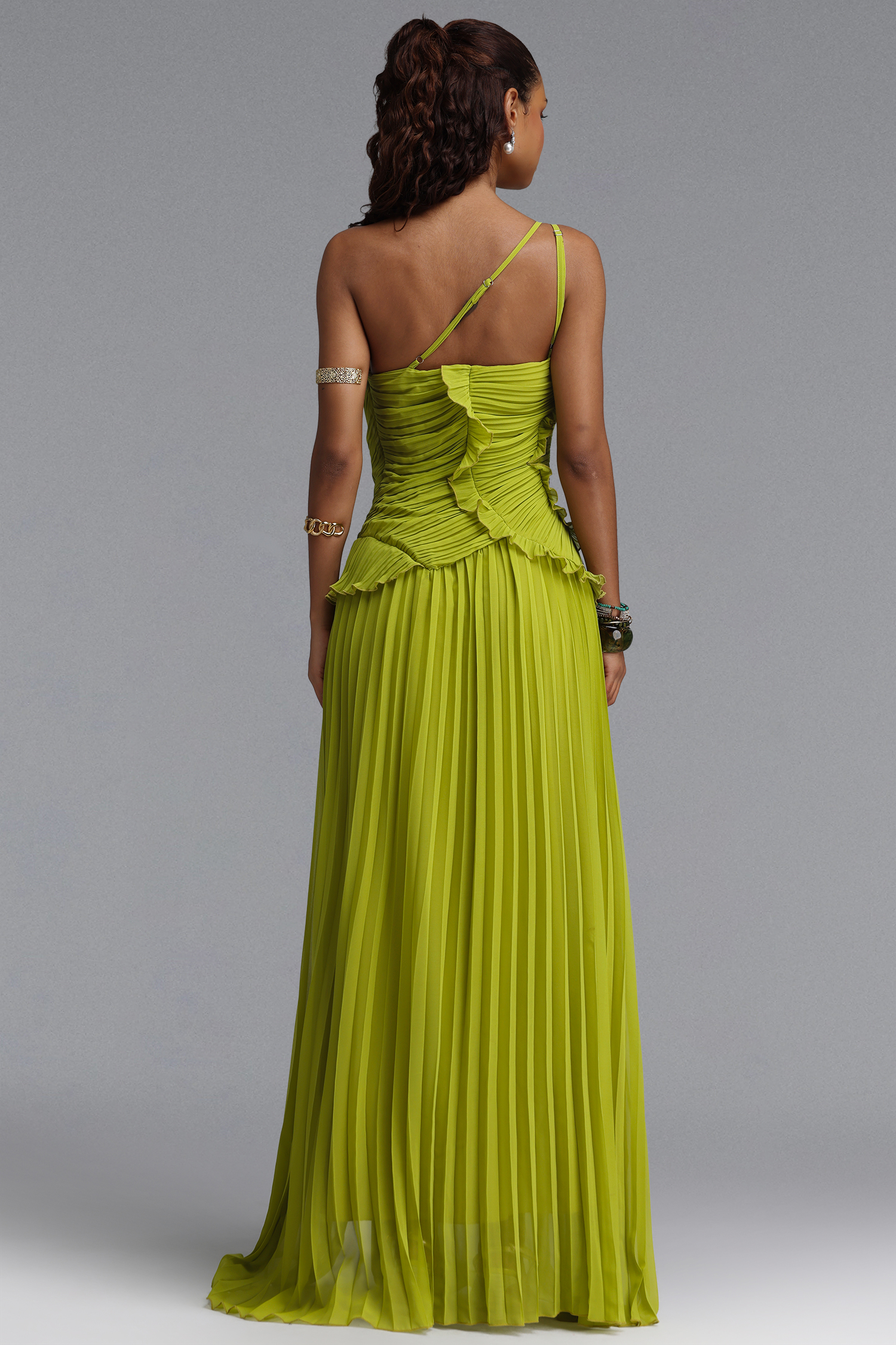 Locia Resort Flowy One Shoulder Ruffle Pleated Woven Maxi Dress