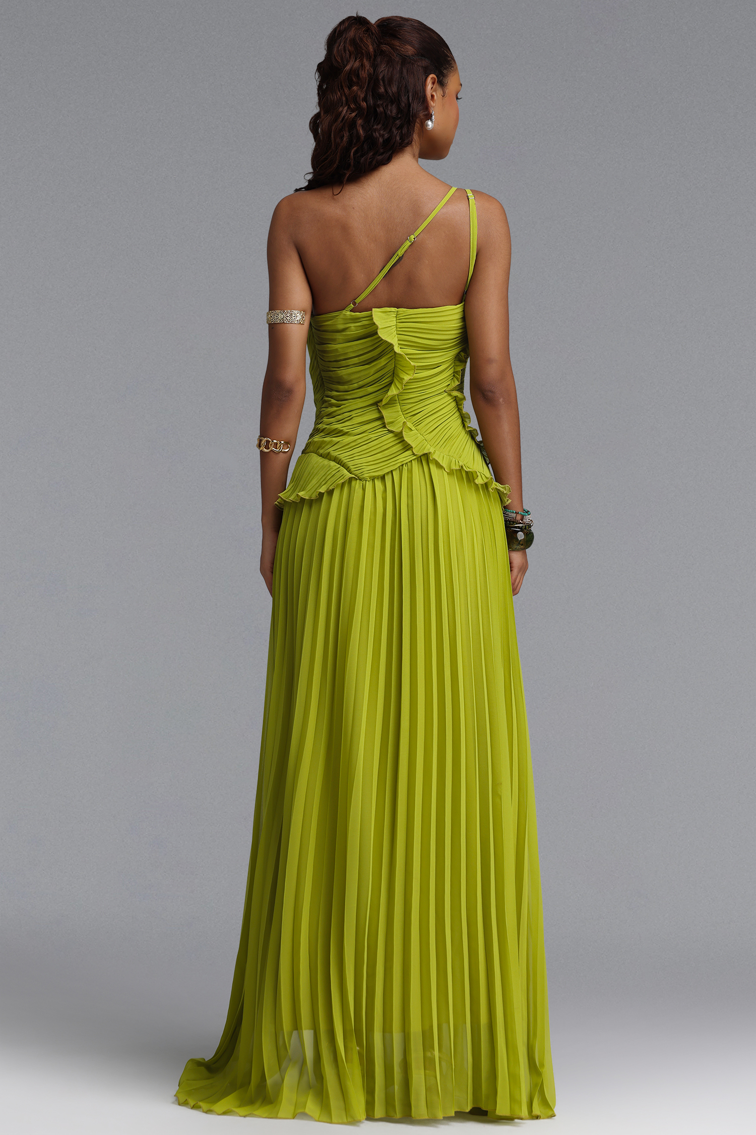 Locia Resort Flowy One Shoulder Ruffle Pleated Woven Maxi Dress