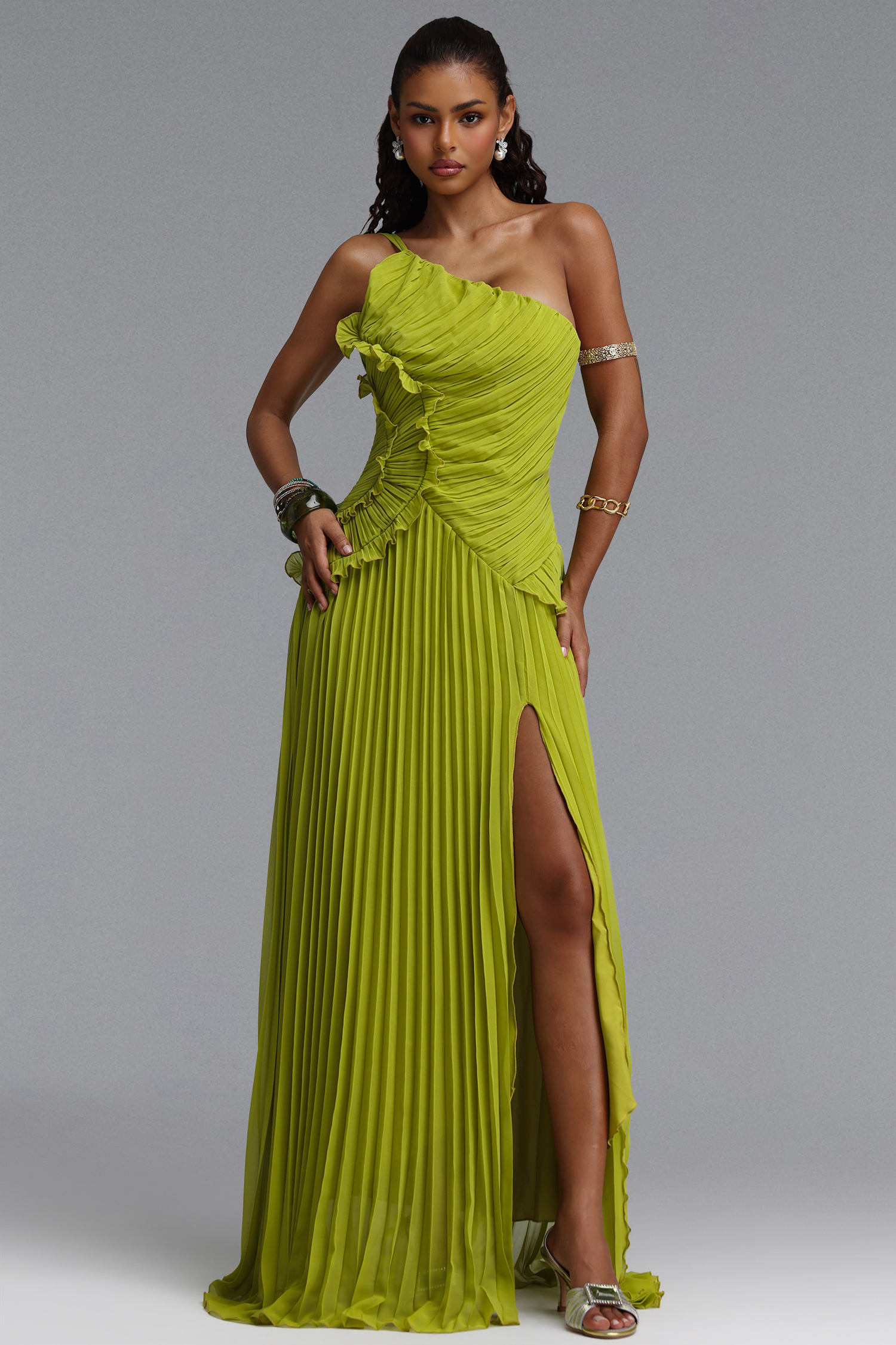 Locia Resort Flowy One Shoulder Ruffle Pleated Woven Maxi Dress