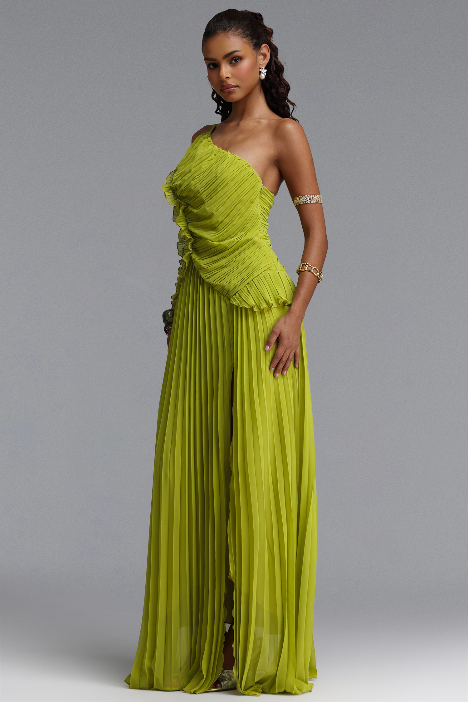 Locia Resort Flowy One Shoulder Ruffle Pleated Woven Maxi Dress