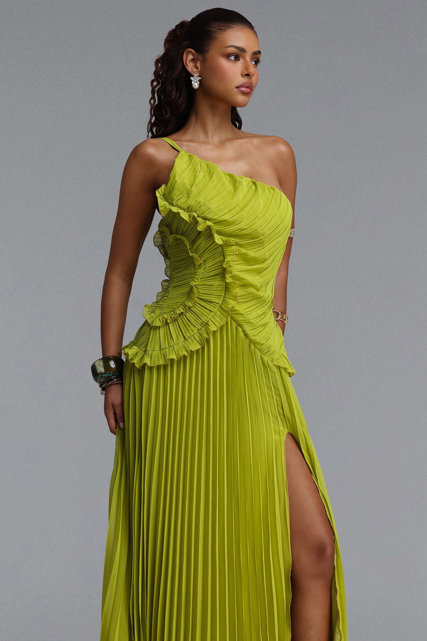 Locia Resort Flowy One Shoulder Ruffle Pleated Woven Maxi Dress