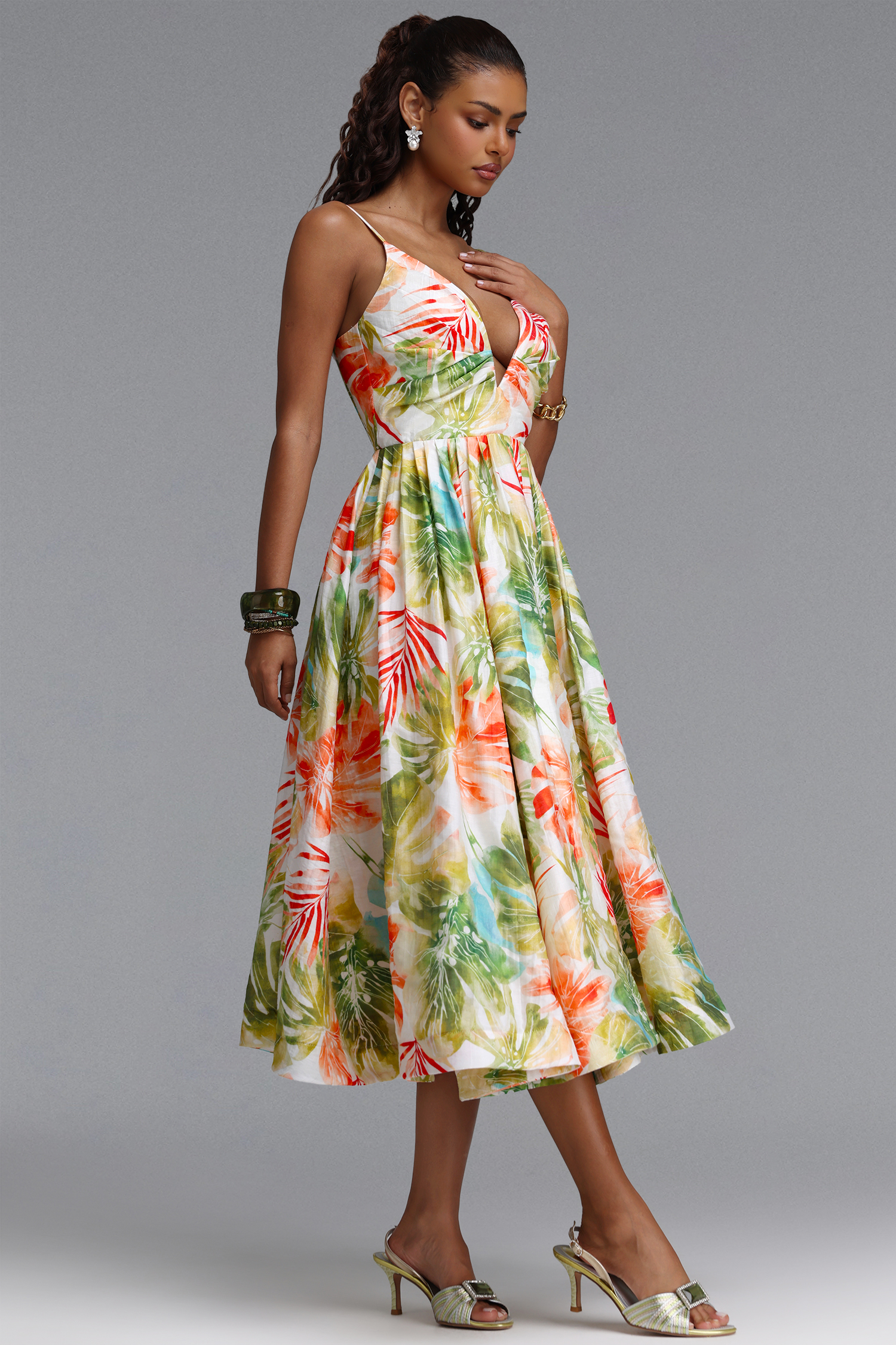 Kamaria Romantic Cinched V Neck Spaghetti Strap Ruched Floral Print Woven Maxi Dress