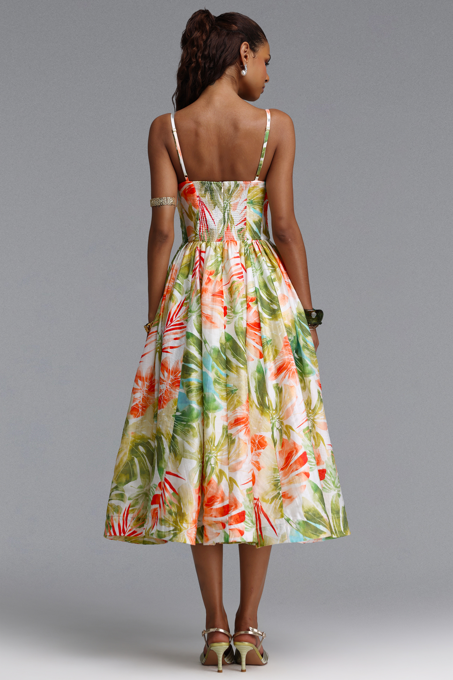 Kamaria Romantic Cinched V Neck Spaghetti Strap Ruched Floral Print Woven Maxi Dress