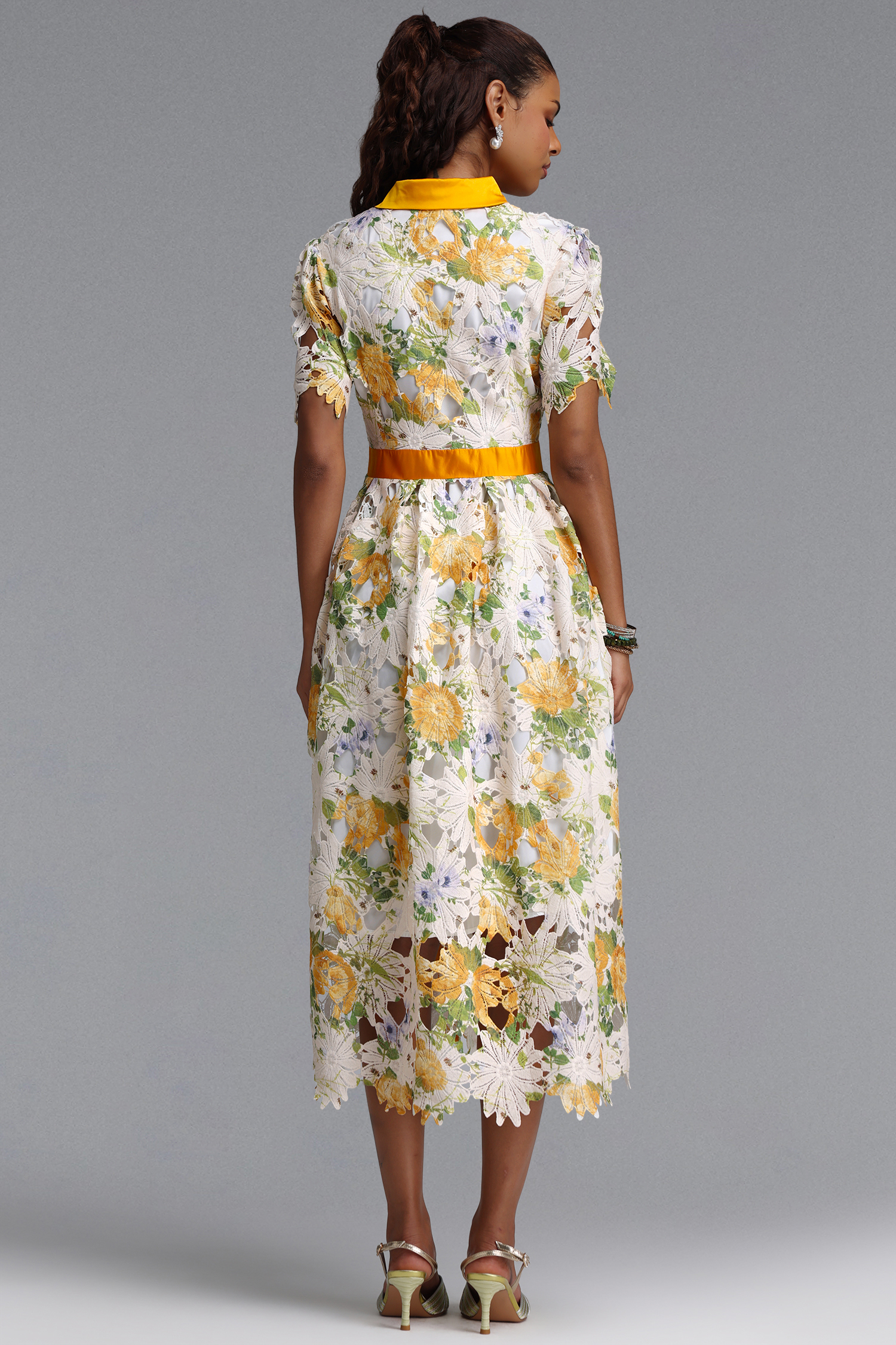 Paco Elegant Tailored Short Sleeve Print Floral Lace Midi Dress