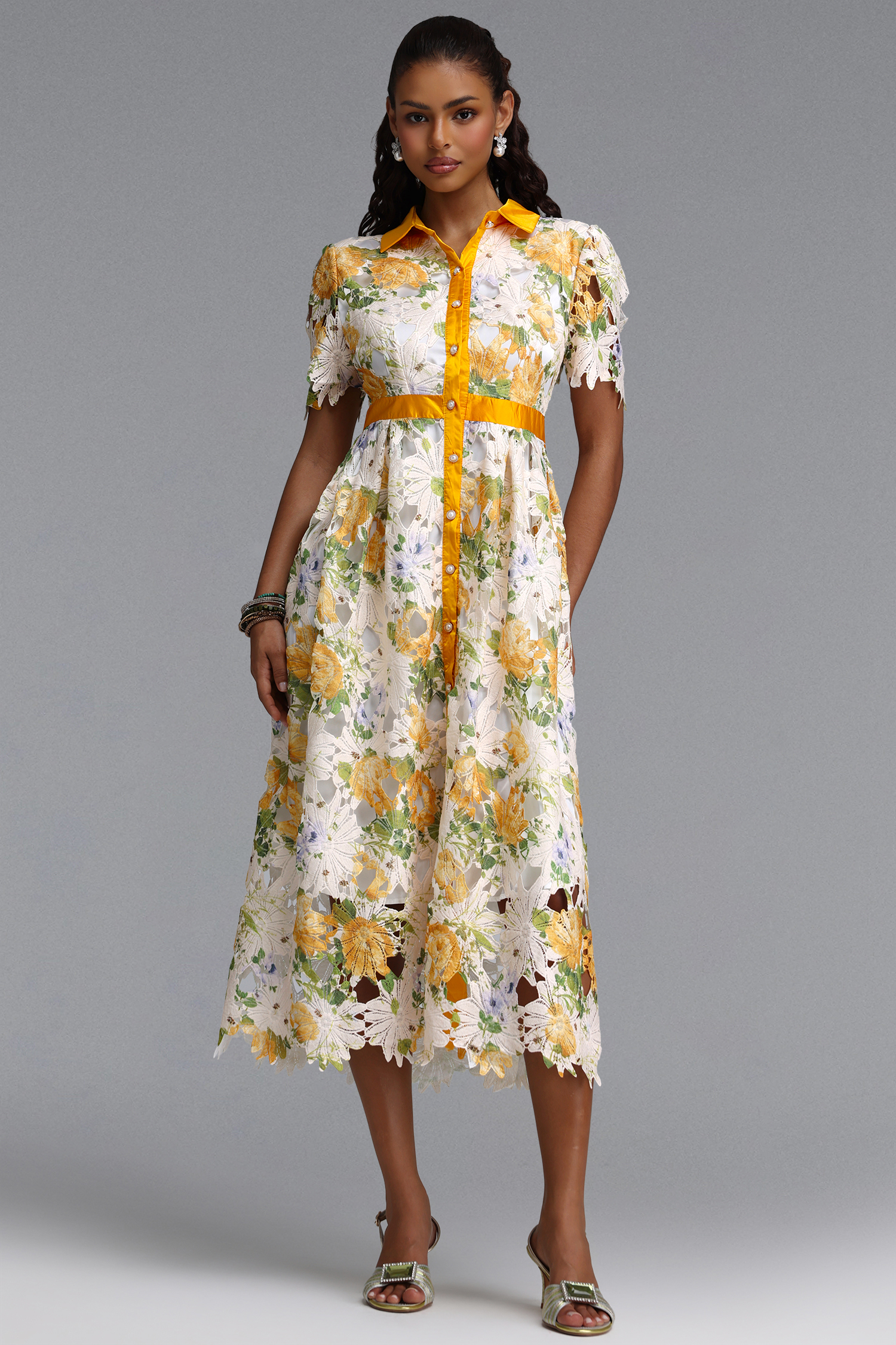 Paco Elegant Tailored Short Sleeve Print Floral Lace Midi Dress