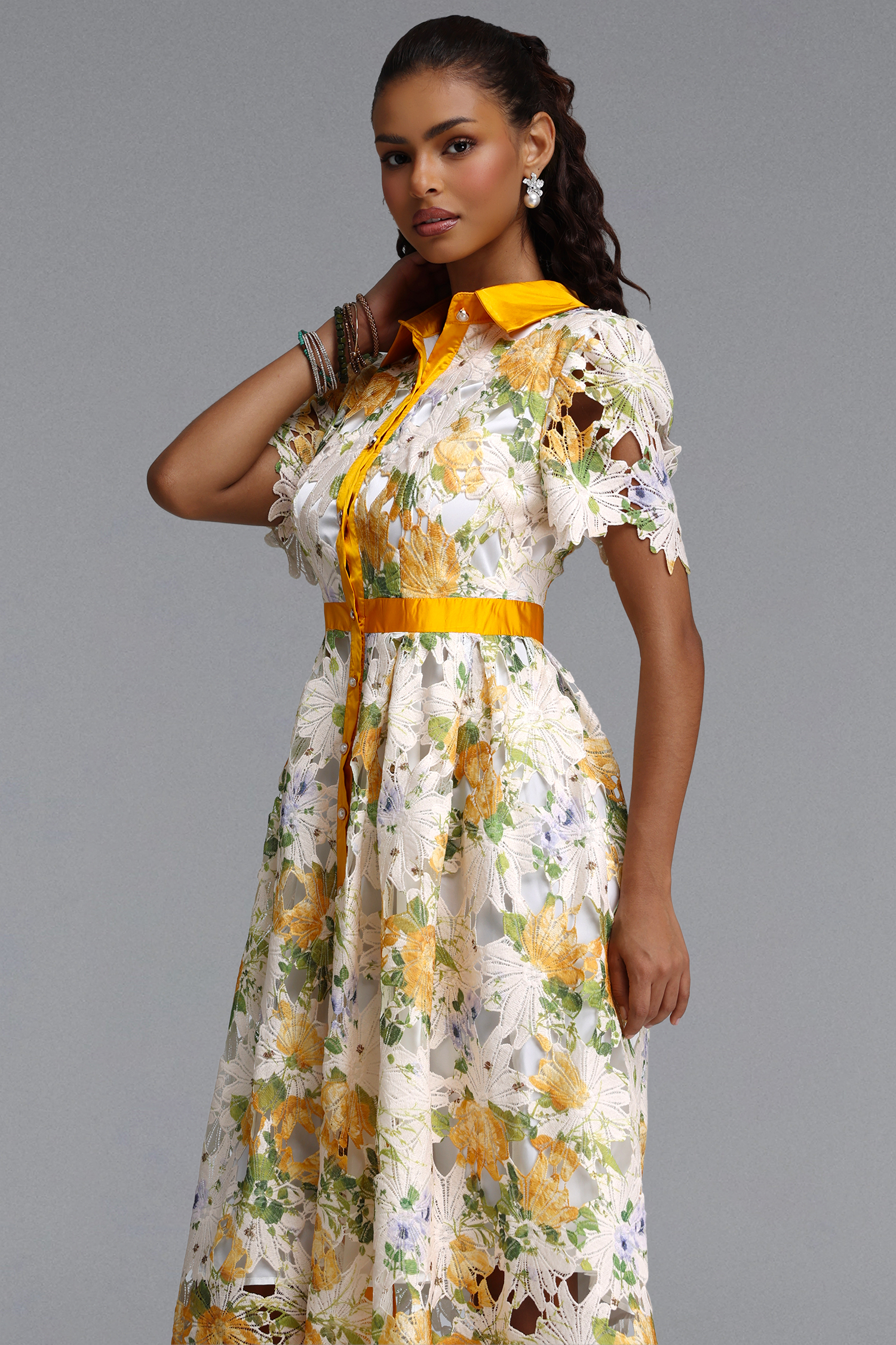 Paco Elegant Tailored Short Sleeve Print Floral Lace Midi Dress
