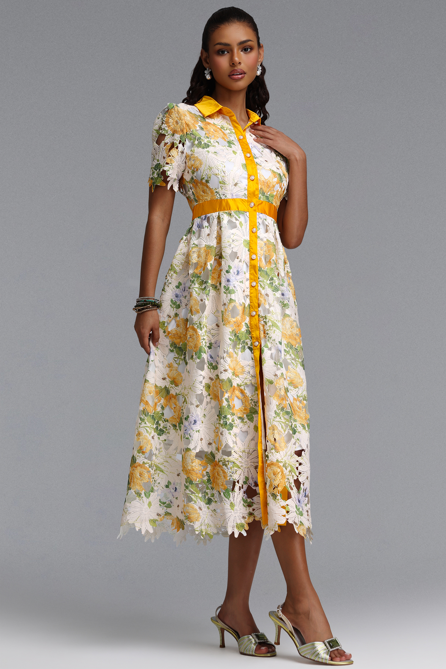 Paco Elegant Tailored Short Sleeve Print Floral Lace Midi Dress