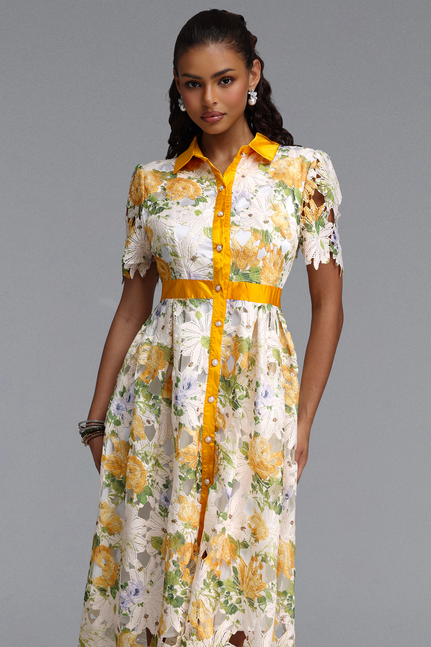 Paco Elegant Tailored Short Sleeve Print Floral Lace Midi Dress