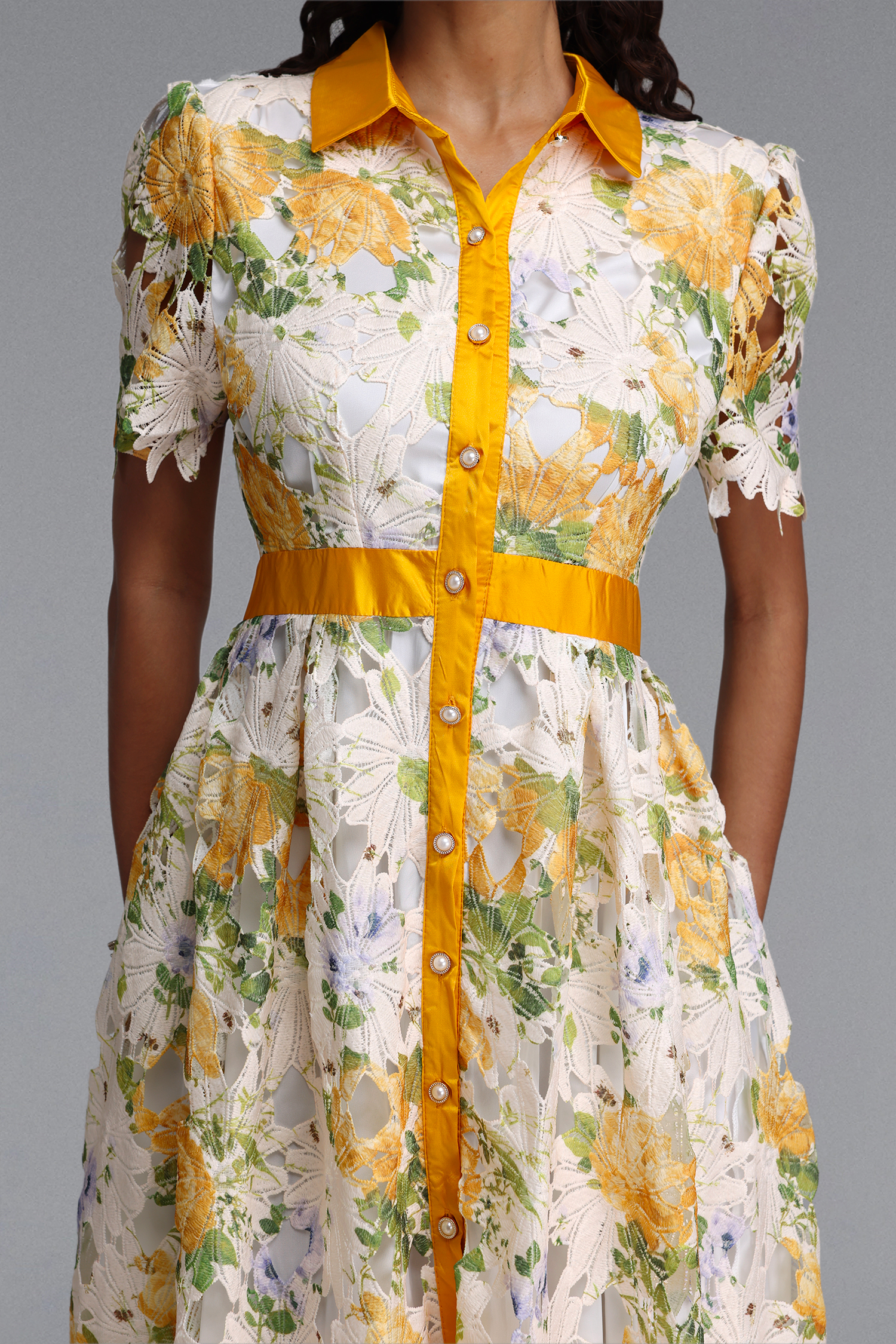 Paco Elegant Tailored Short Sleeve Print Floral Lace Midi Dress