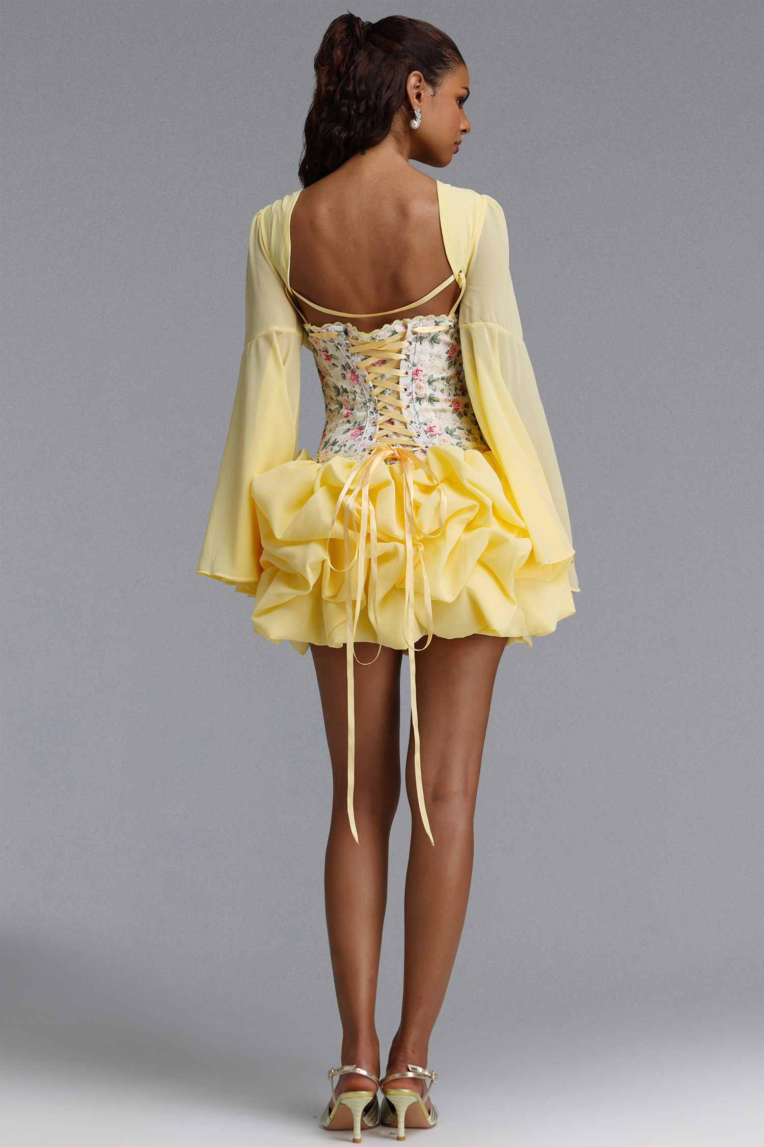 Juyce Romantic Cinched V Neck Long Sleeve Floral Print Chiffon Mini Dress