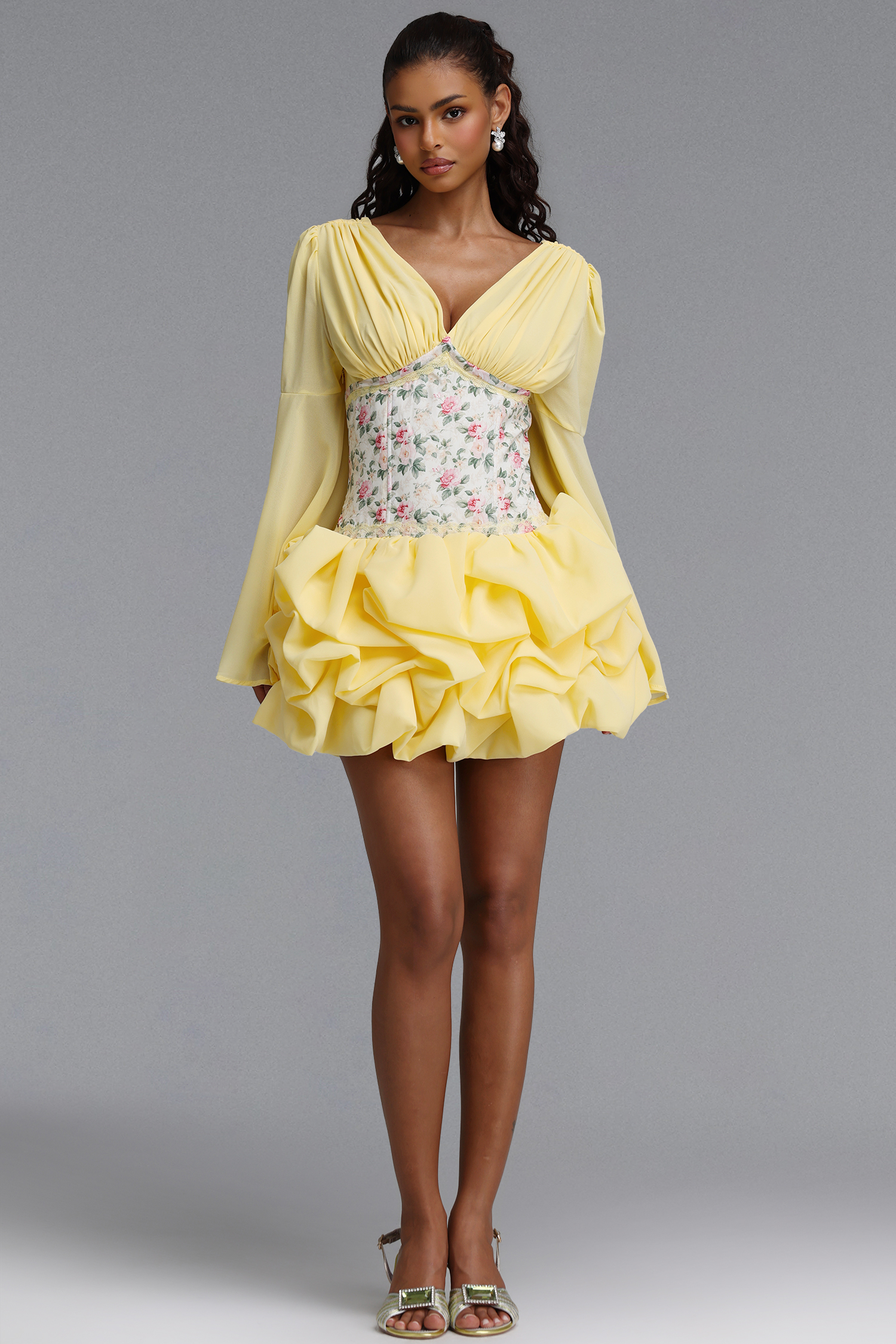 Juyce Romantic Cinched V Neck Long Sleeve Floral Print Chiffon Mini Dress