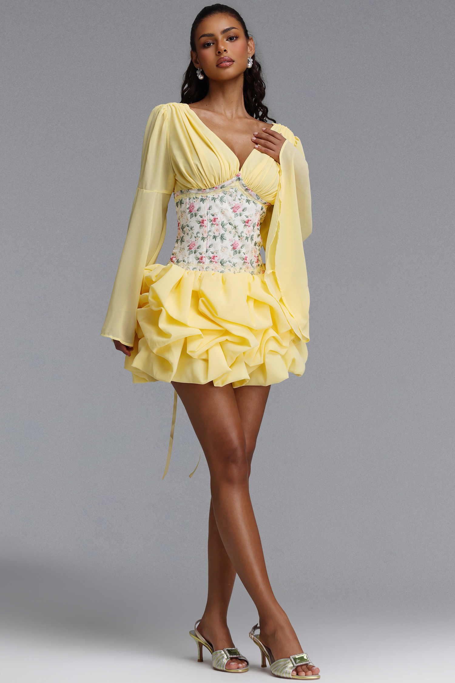 Juyce Romantic Cinched V Neck Long Sleeve Floral Print Chiffon Mini Dress