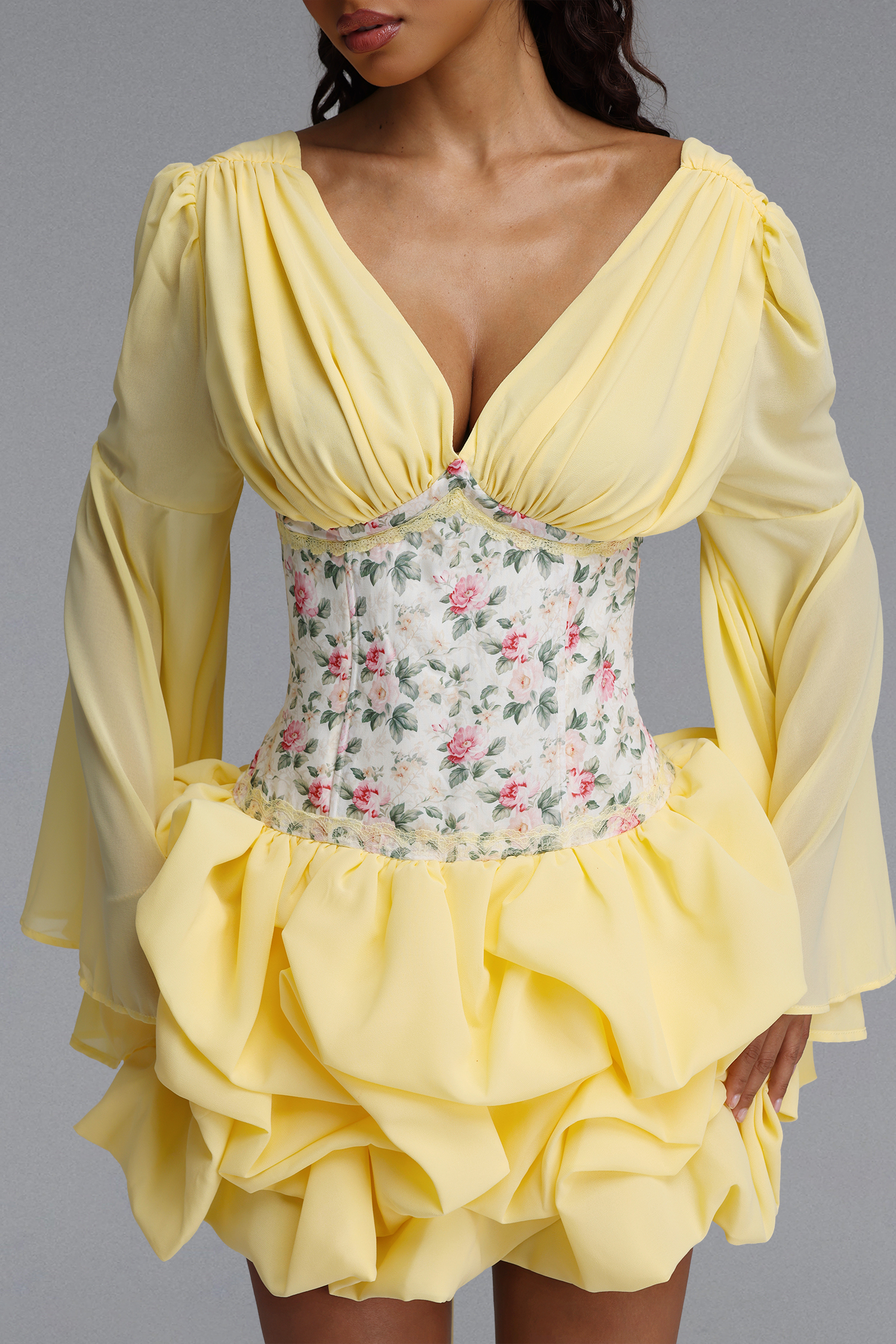 Juyce Romantic Cinched V Neck Long Sleeve Floral Print Chiffon Mini Dress