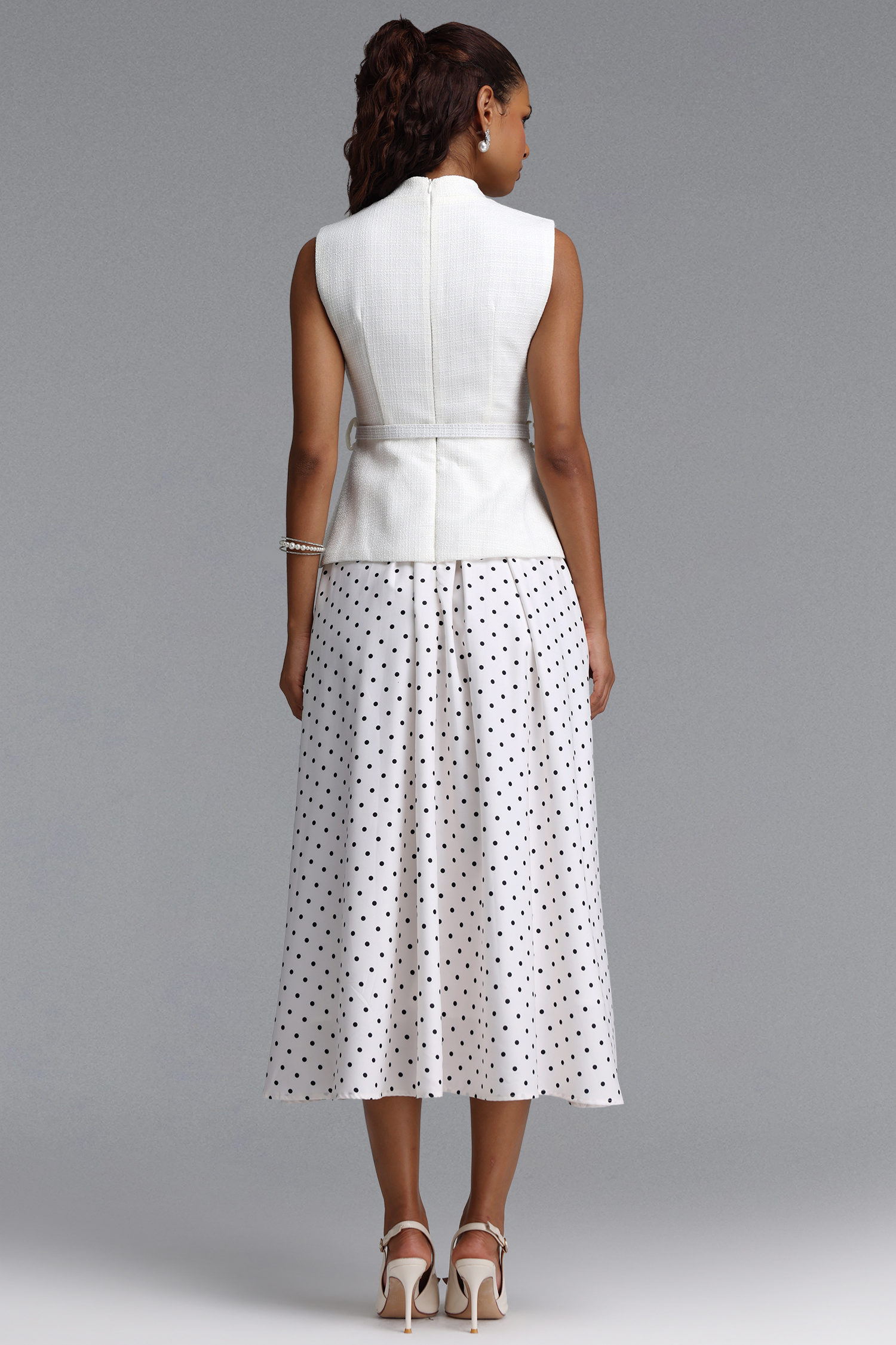 Trudie Classic Tailored Faux Two Piece Polka Dot Woven Maxi Dress