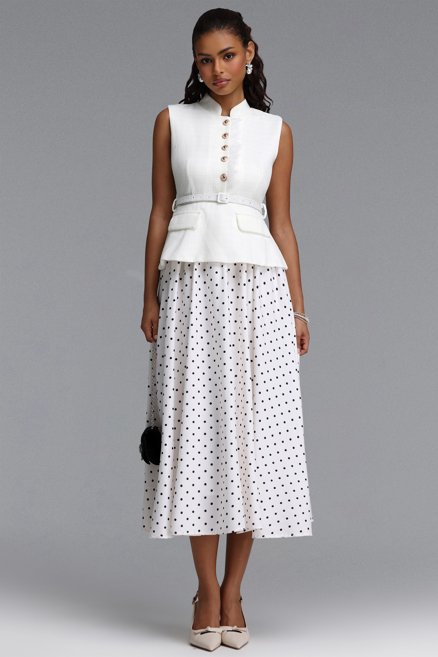 Trudie Classic Tailored Faux Two Piece Polka Dot Woven Maxi Dress