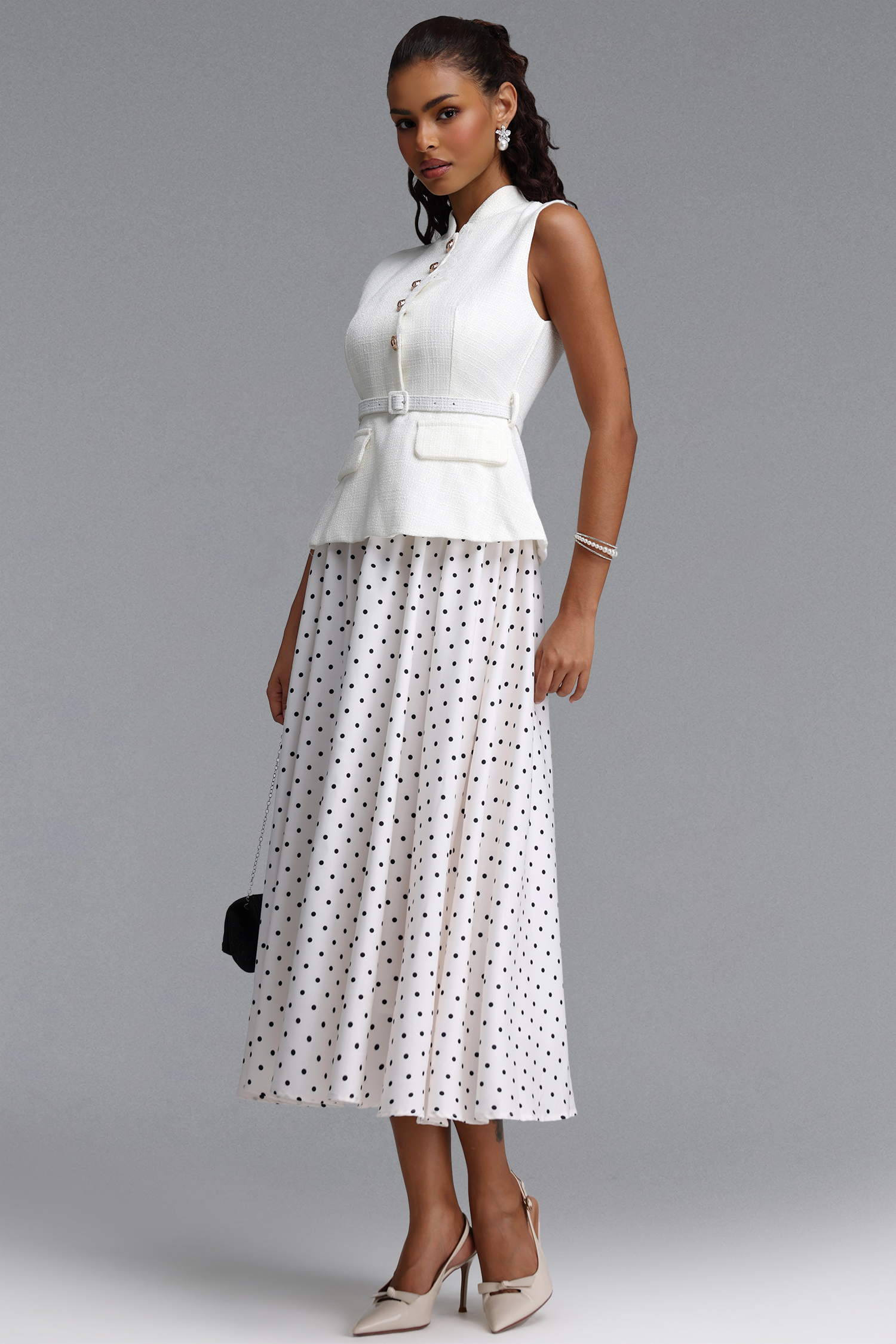 Trudie Classic Tailored Faux Two Piece Polka Dot Woven Maxi Dress