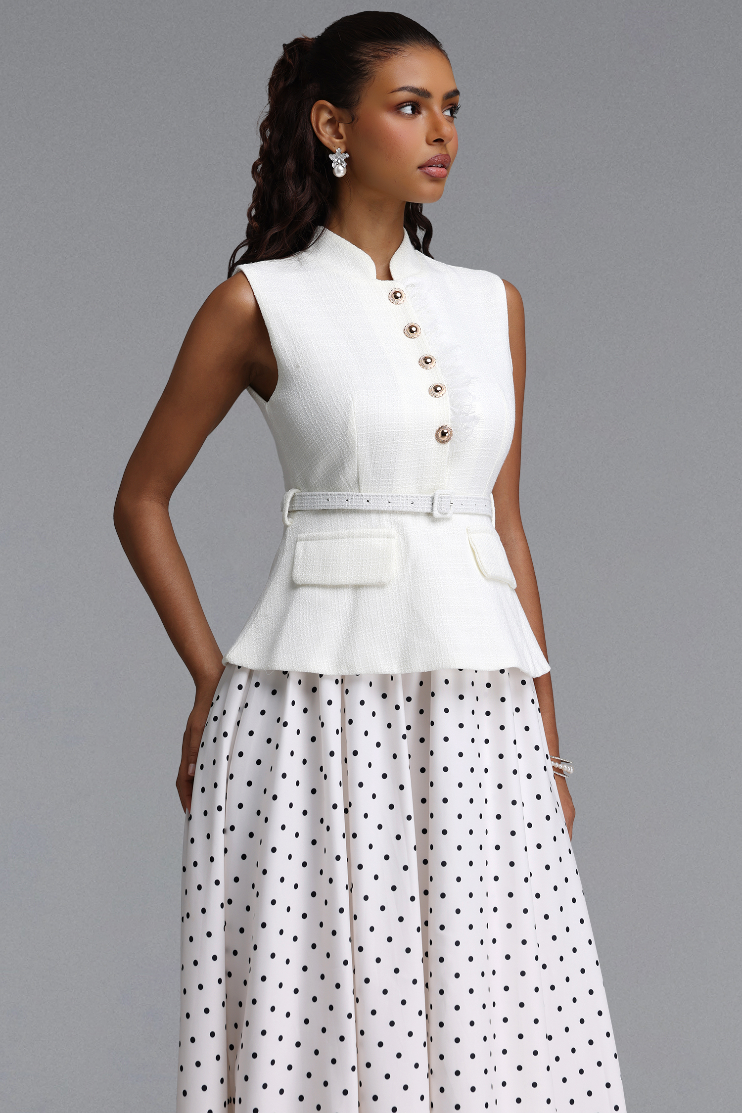 Trudie Classic Tailored Faux Two Piece Polka Dot Woven Maxi Dress