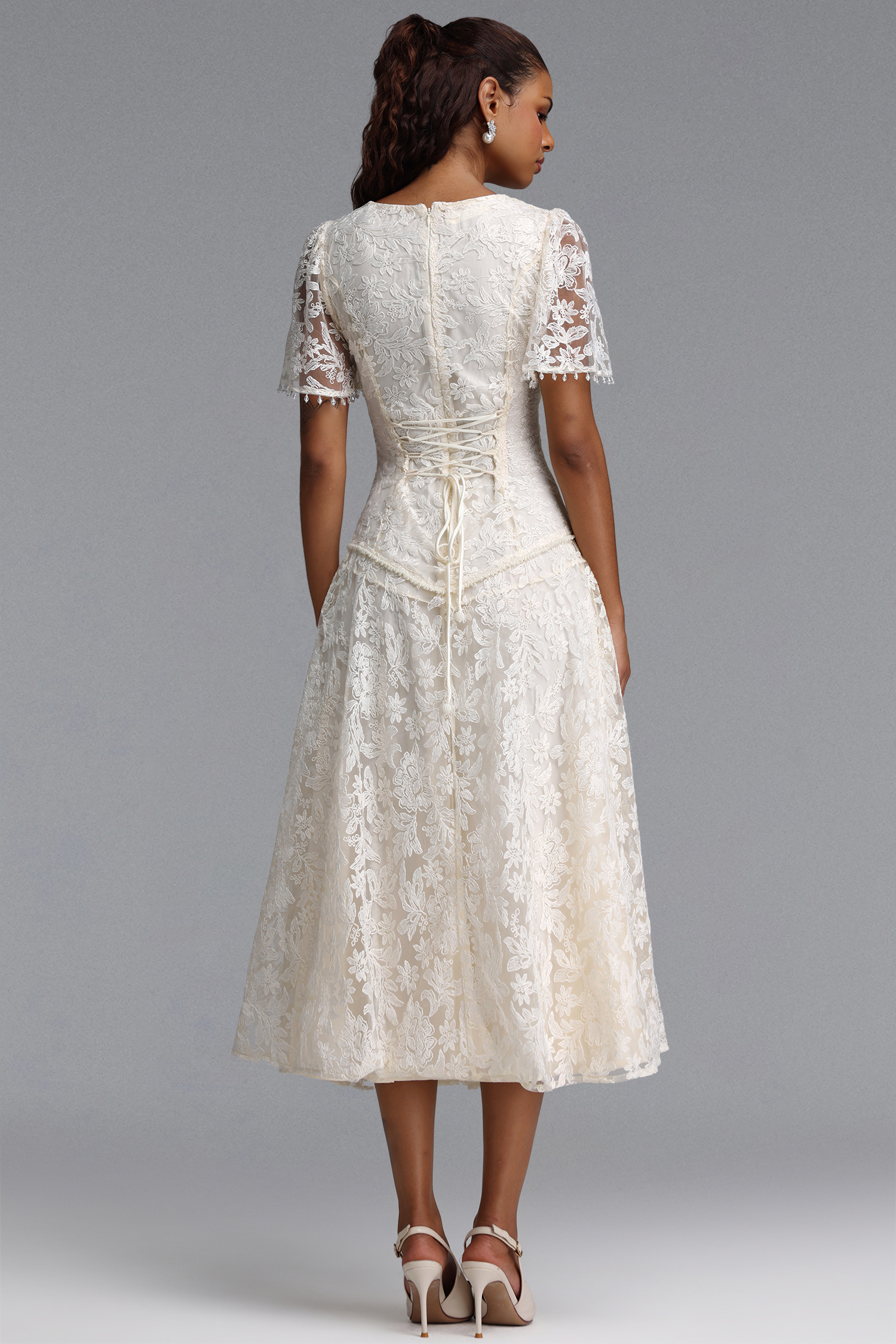 Eigra Elegant Tailored Short Sleeve V Neck Floral Lace Maxi Dress